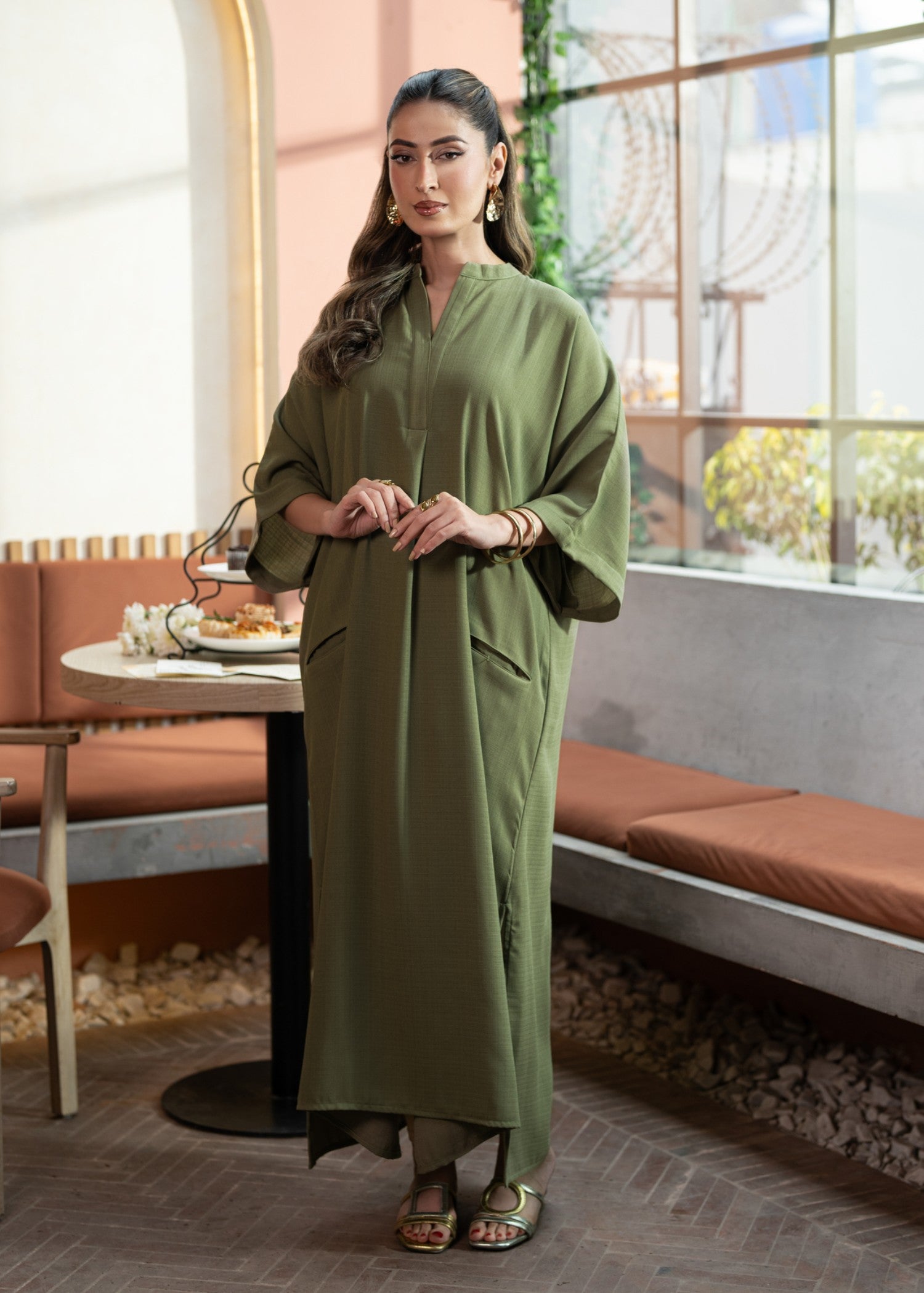 twill cotton Kaftan in Olive green