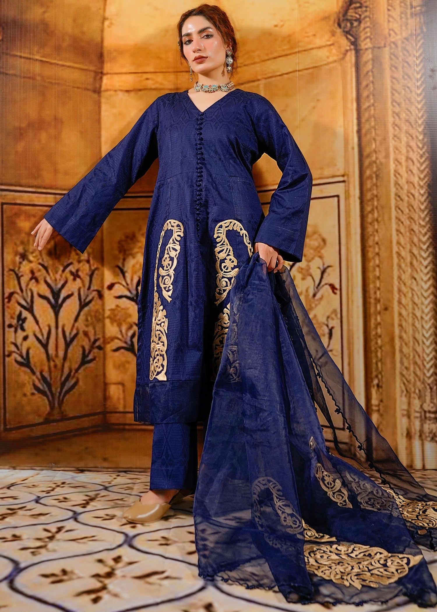 cotton jacquard Kurta Set in Navy blue