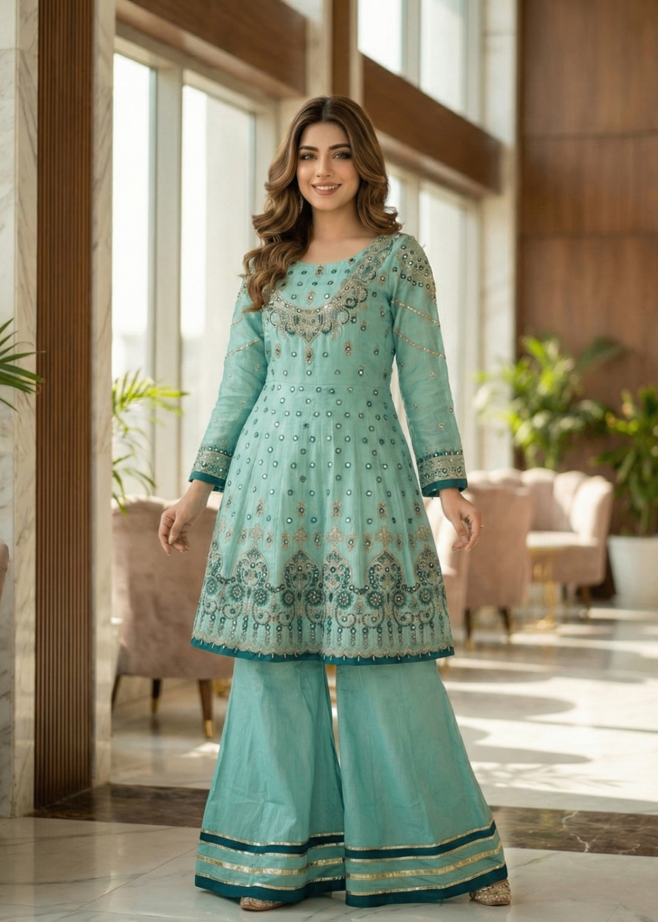 cotton net Short Frock in Parrot green