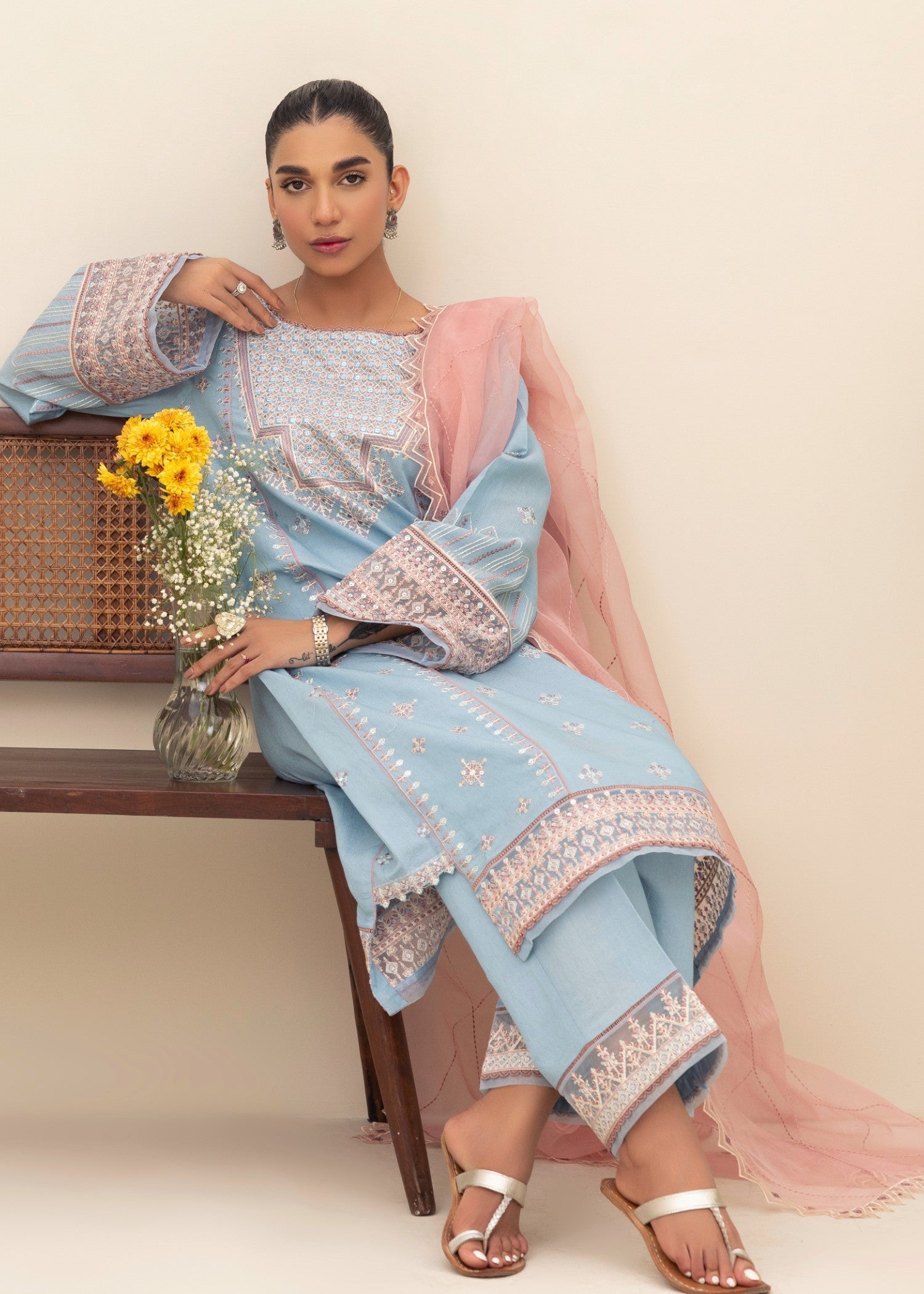 chambray Kurta Set in Light blue