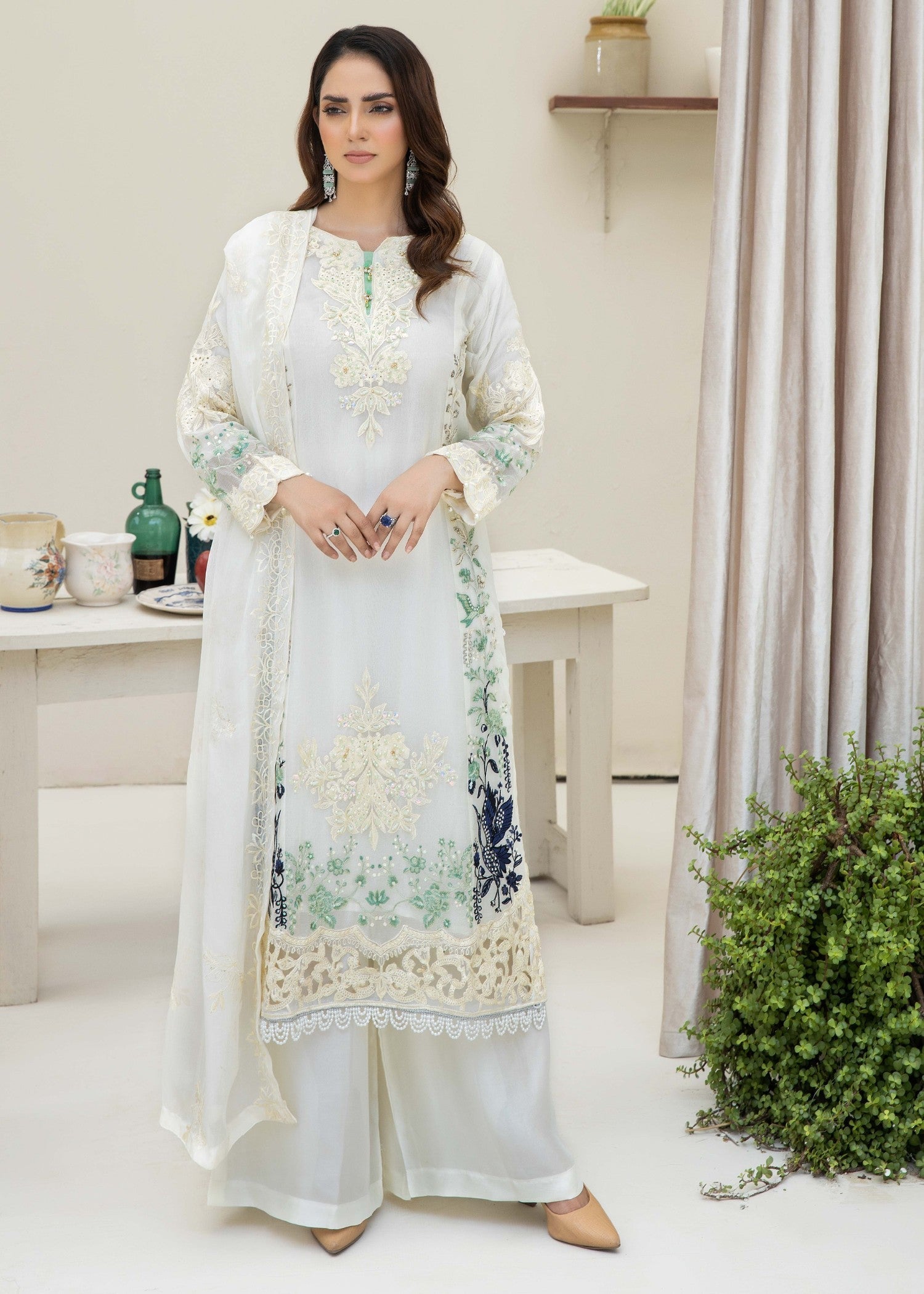 chiffon Kurta Set in Pearl white