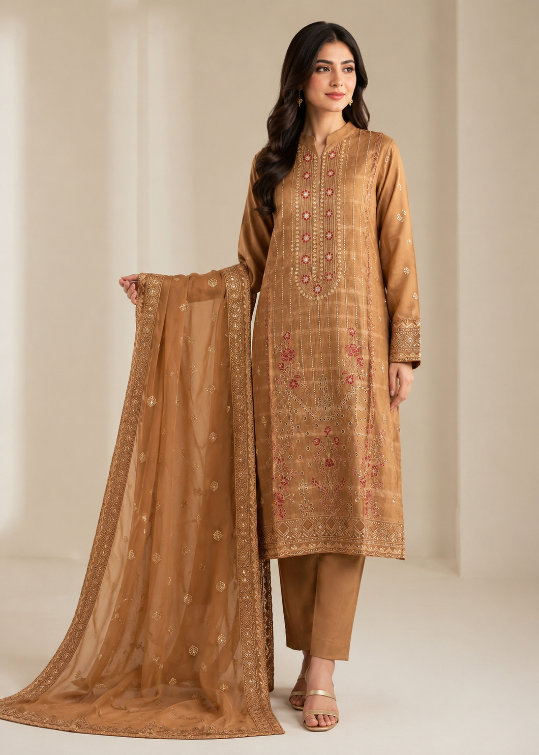 lawn Kurta Set in Camel brown