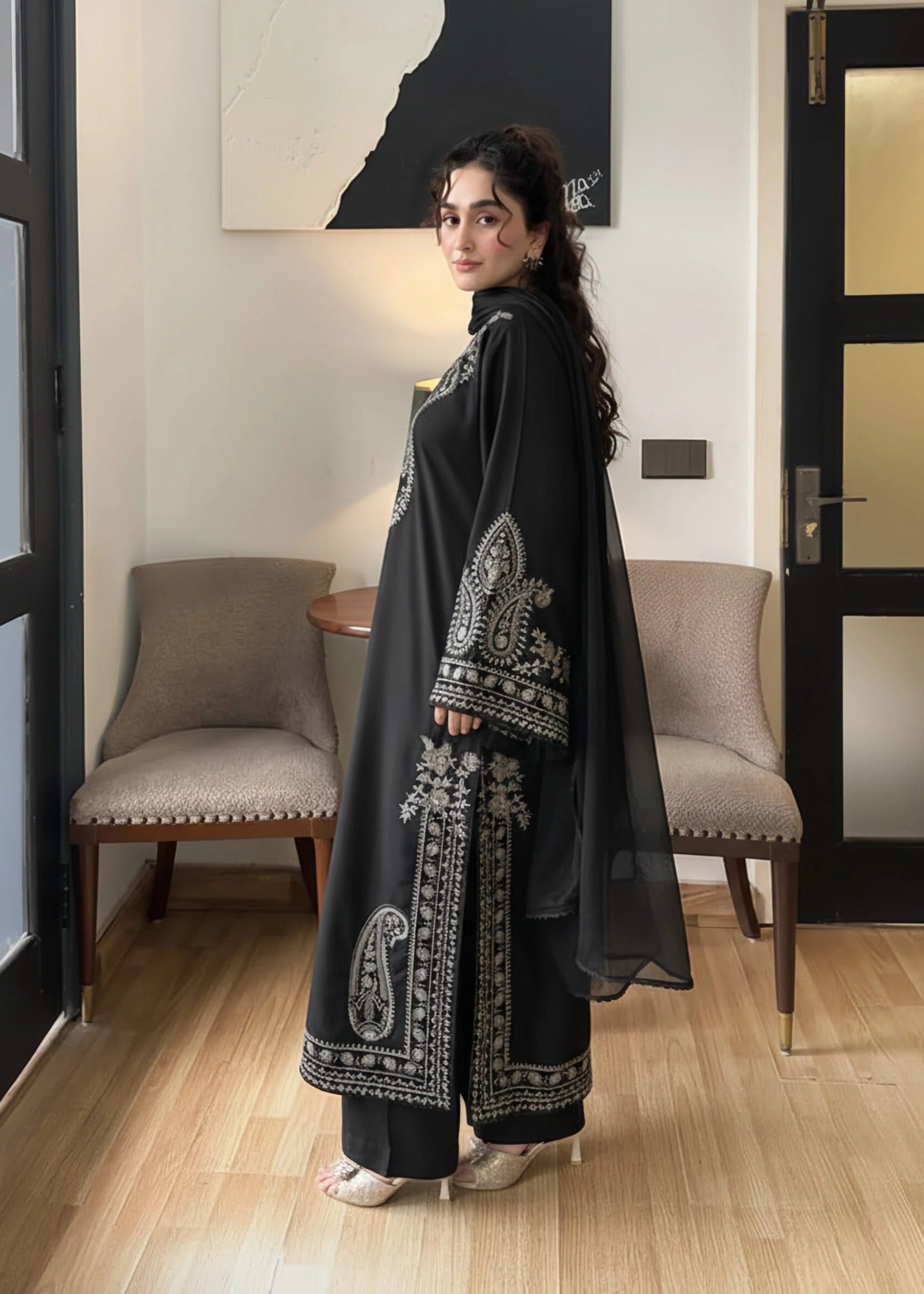 linen chambray Kurta Set in Black