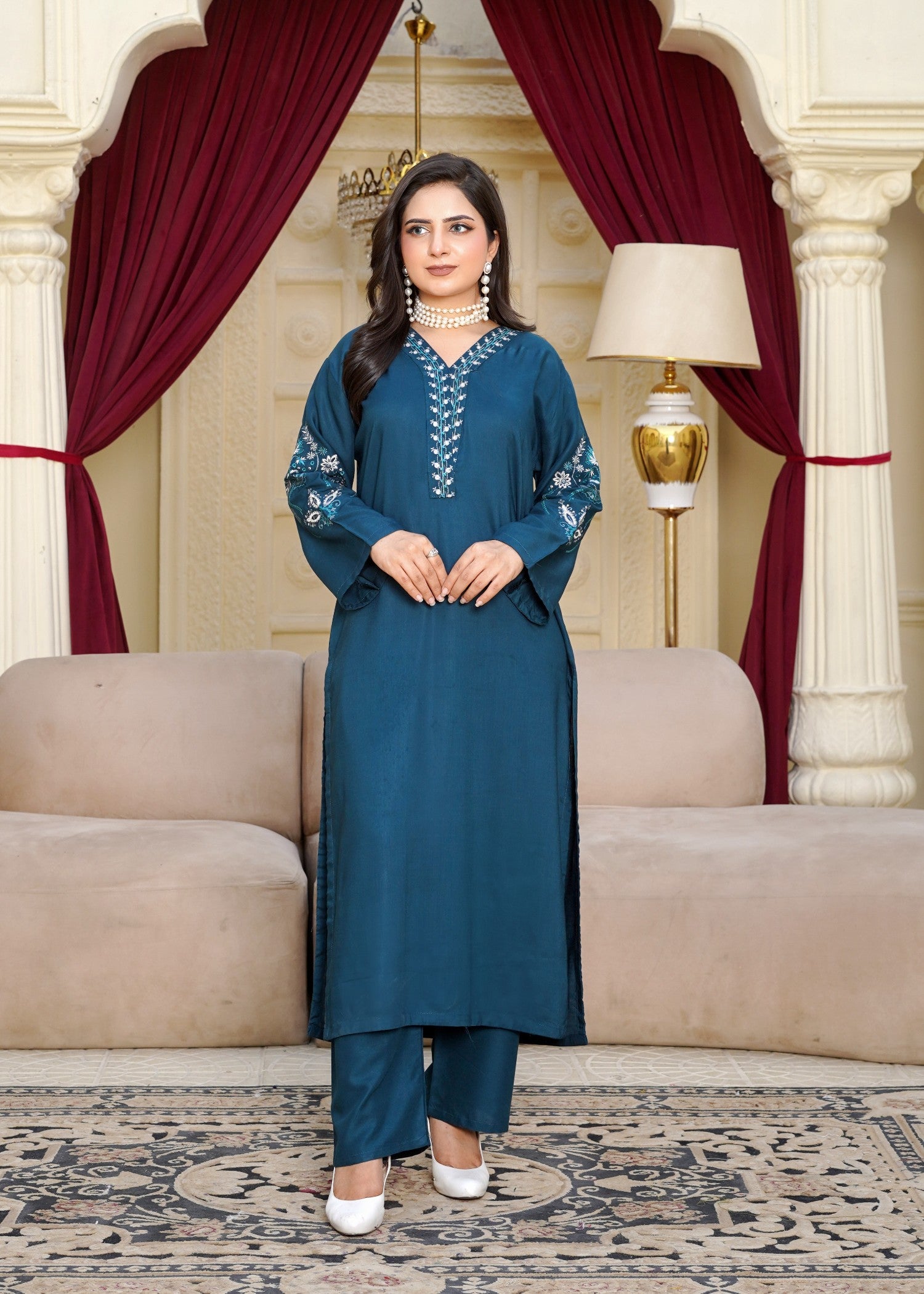 arabic lawn Kurta Set in Teal