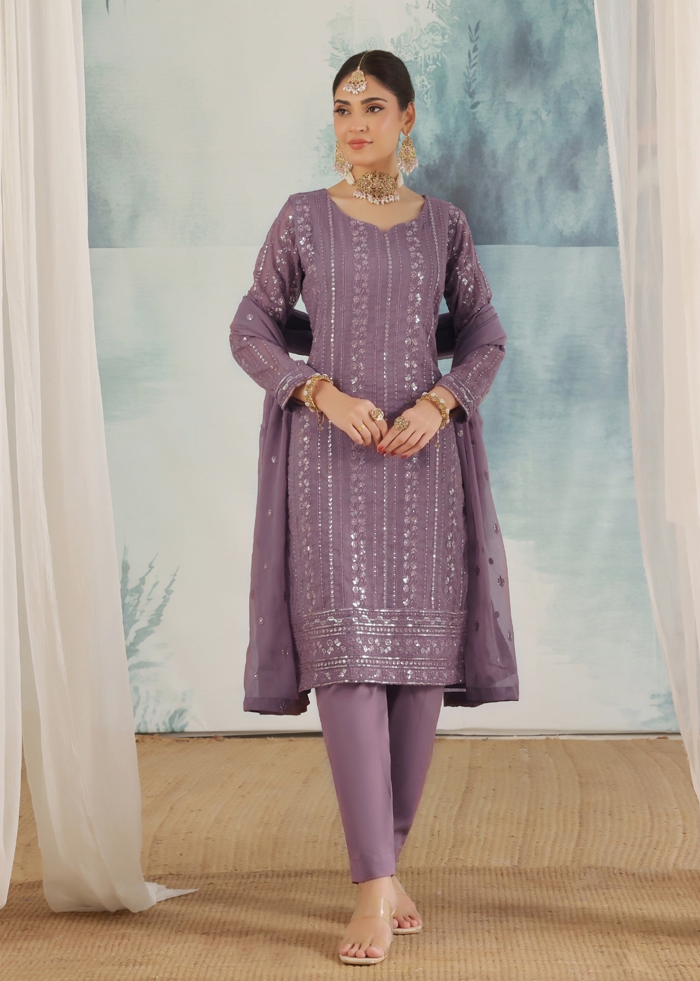 chiffon Kurta Set in Purple mountain majesty