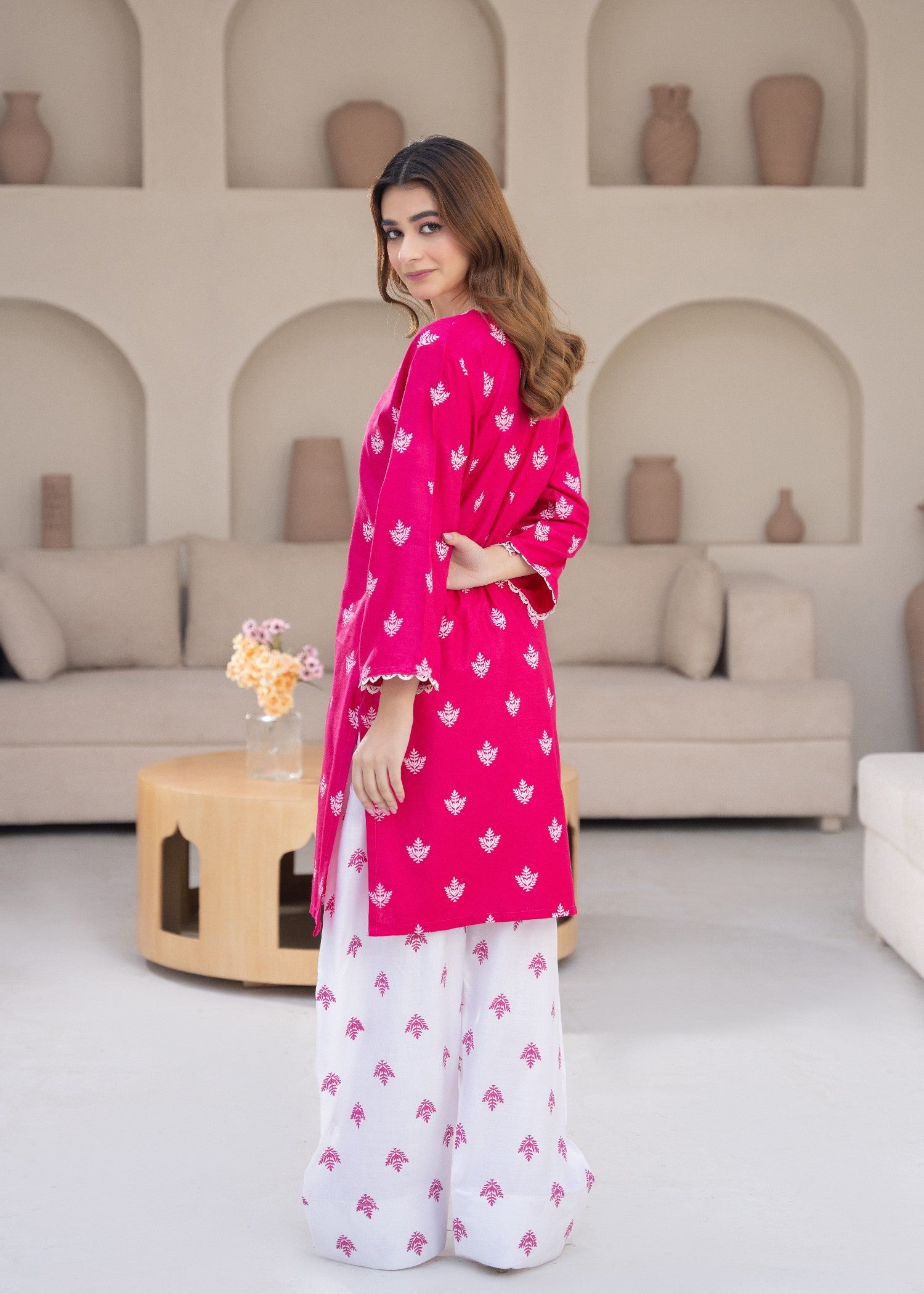 linen Kurta Set in White, hot pink red