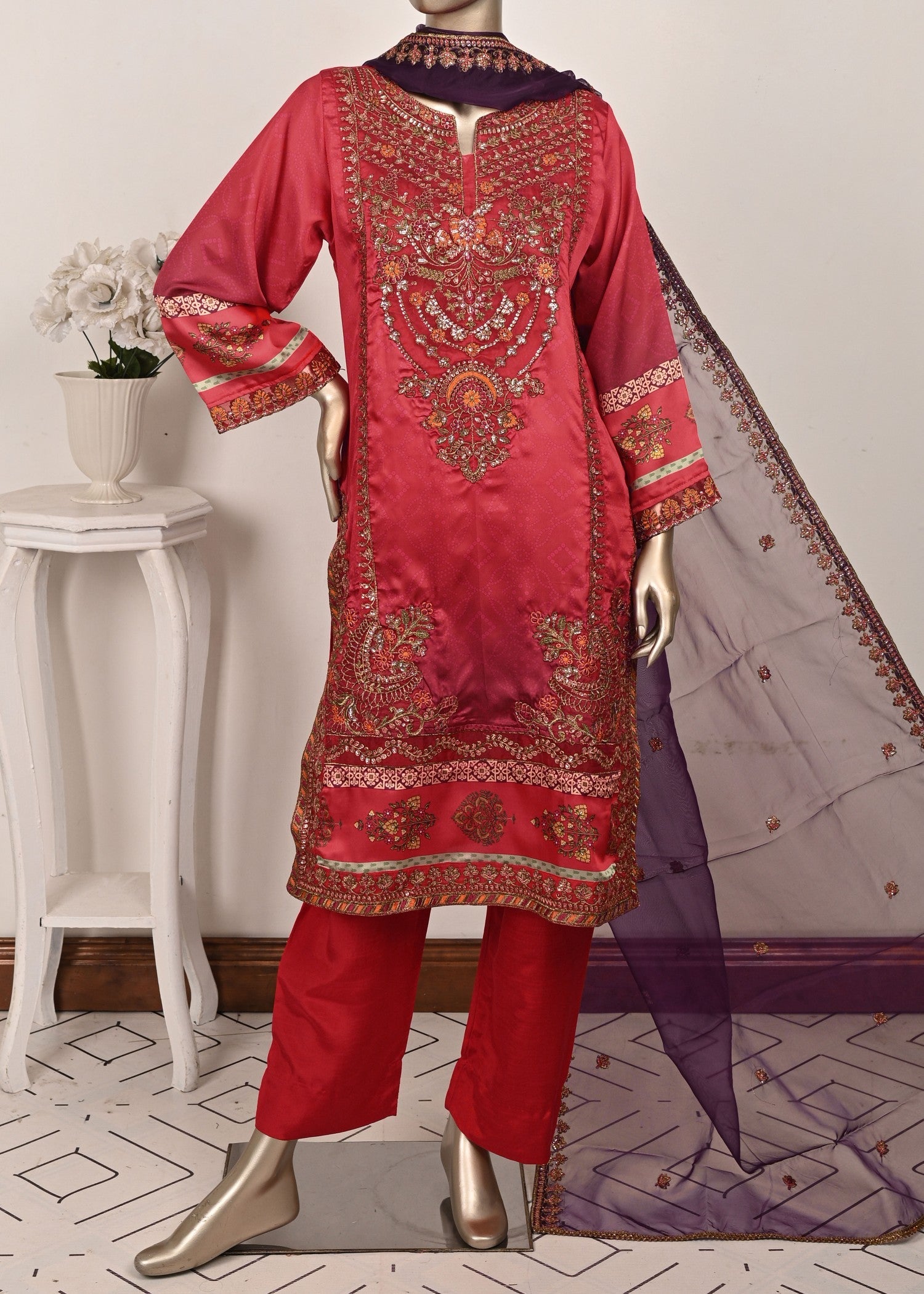poly silk Kurta Set in Hot pink