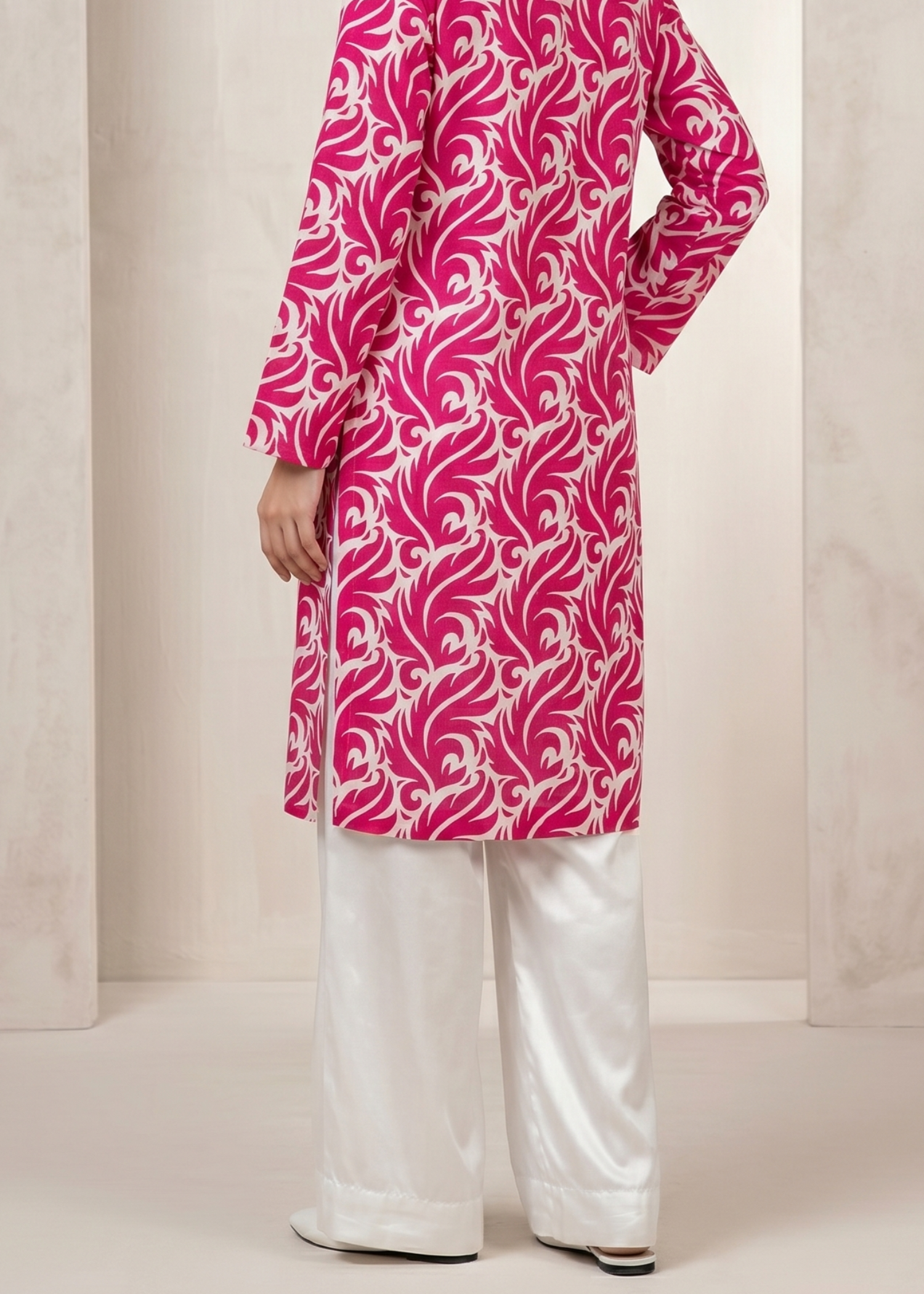 lawn Kurta Set in Shocking pink, white