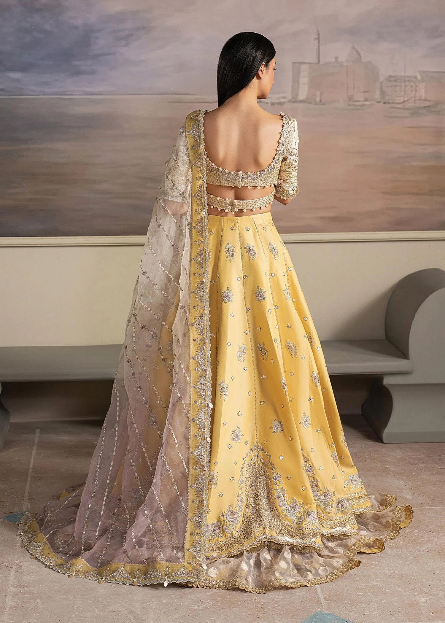 organza Lehenga in Light yellow