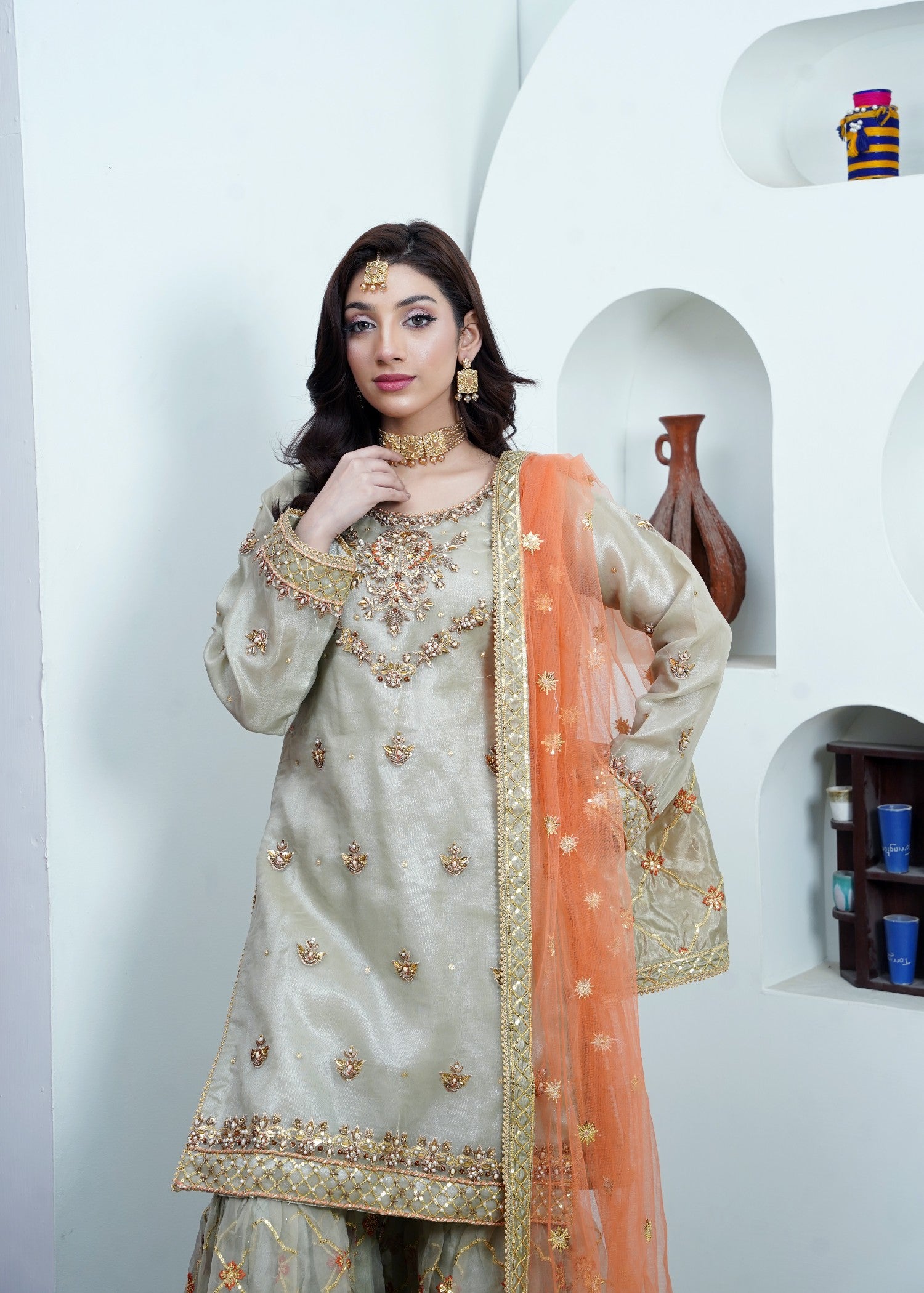 organza Gharara in Moss green
