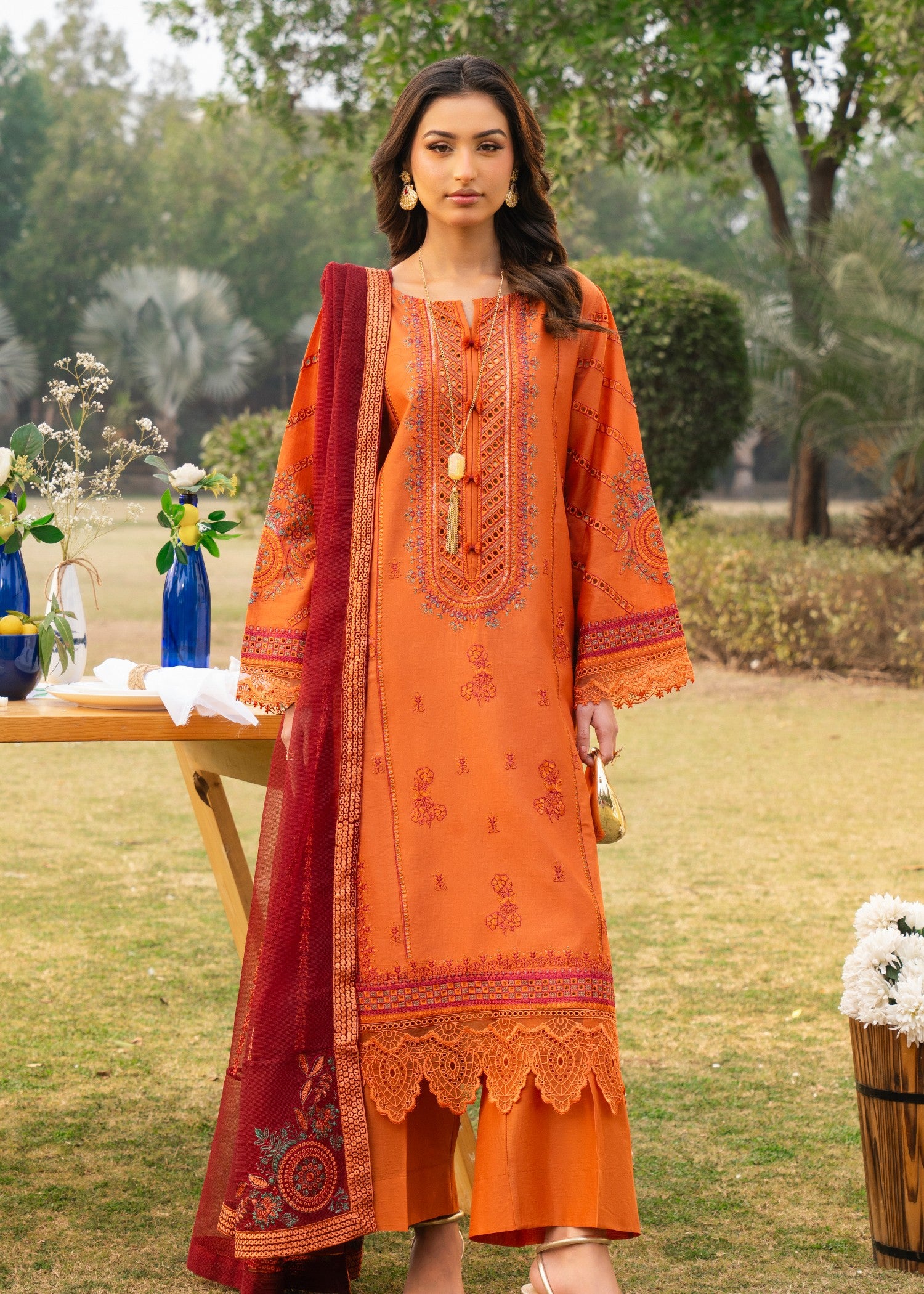 lawn Kurta Set in Pumpkin orange, spicy red