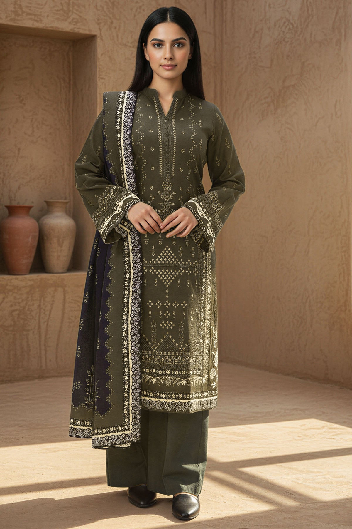 twill khaddar Kurta Set in Olive green