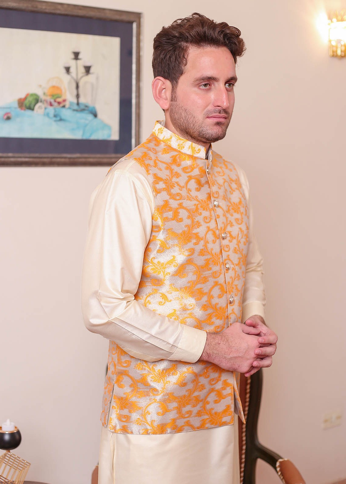 banarsi silk Waistcoat in Yellow