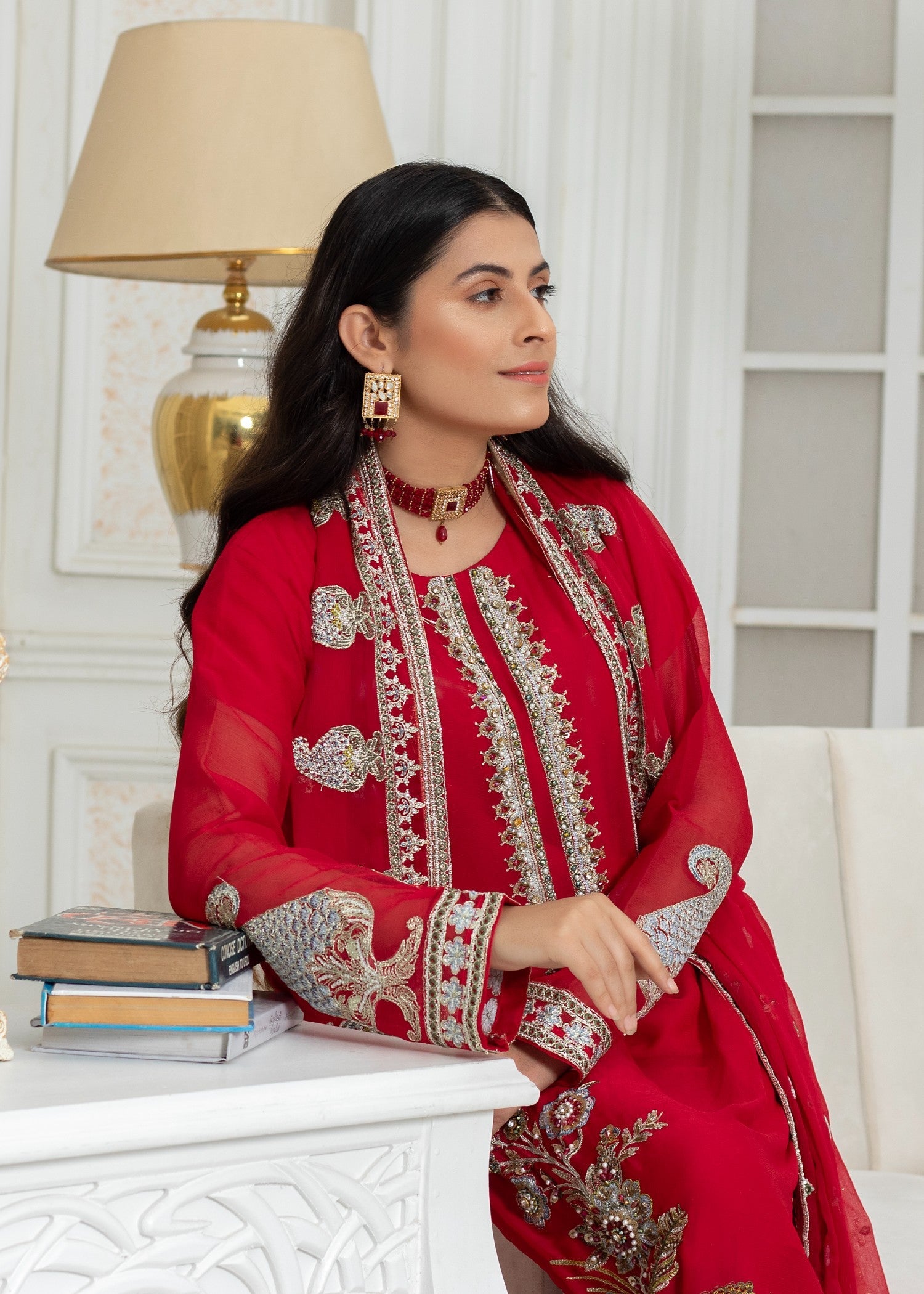 polyester chiffon Kurta Set in Imperial red