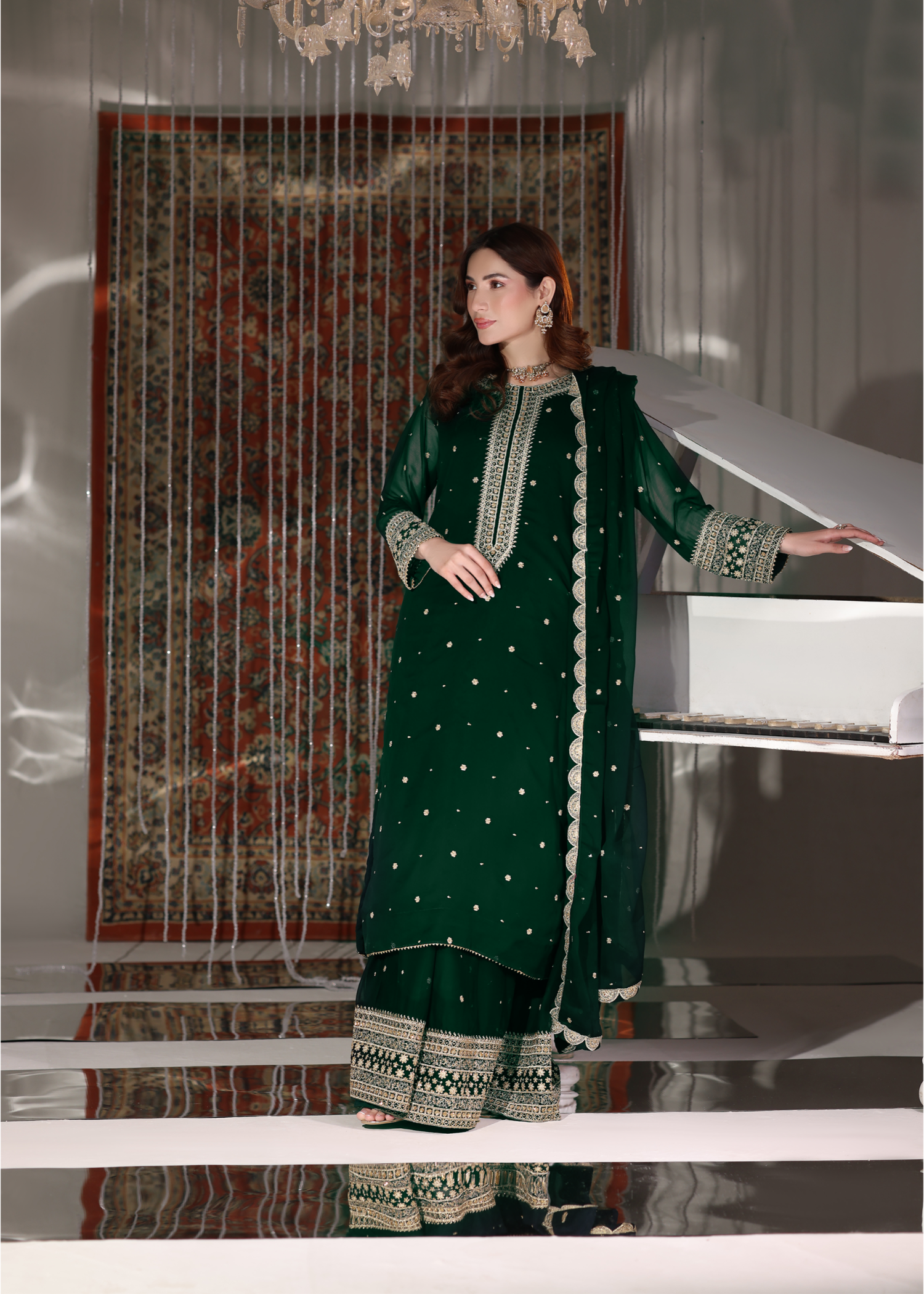 pk chiffon Lehenga in Dark green