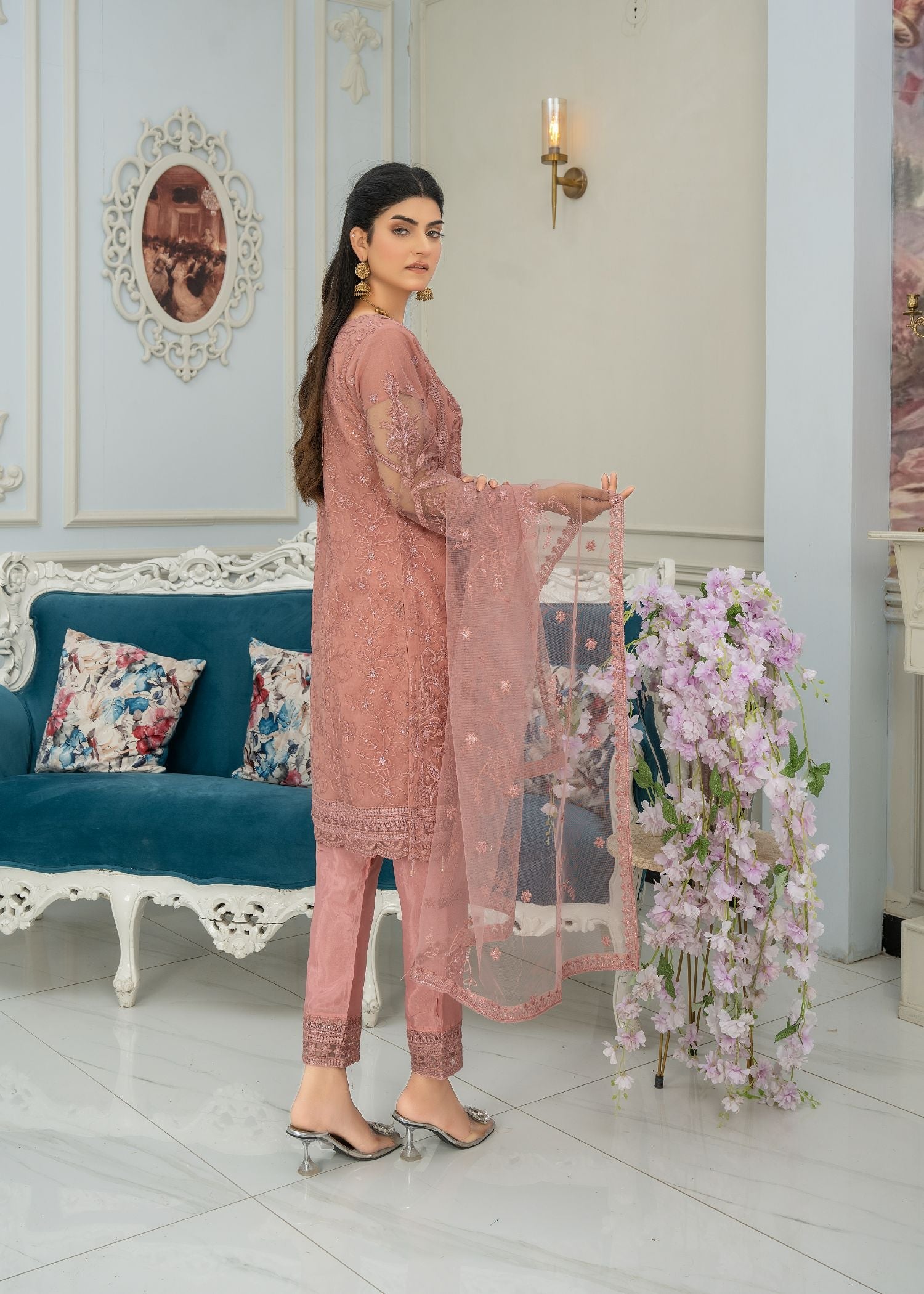 net Kurta Set in Tea rose pink