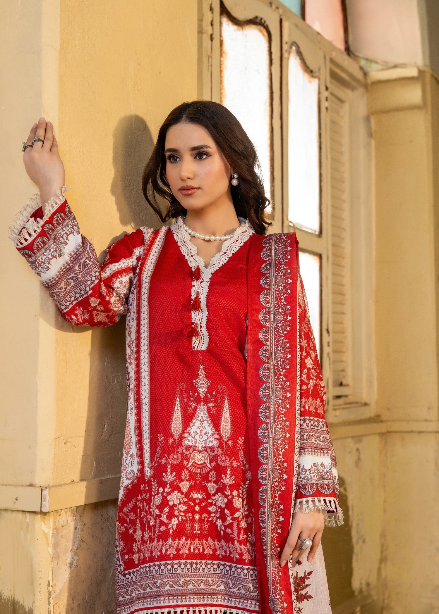 herringbone Kurta Set in Red