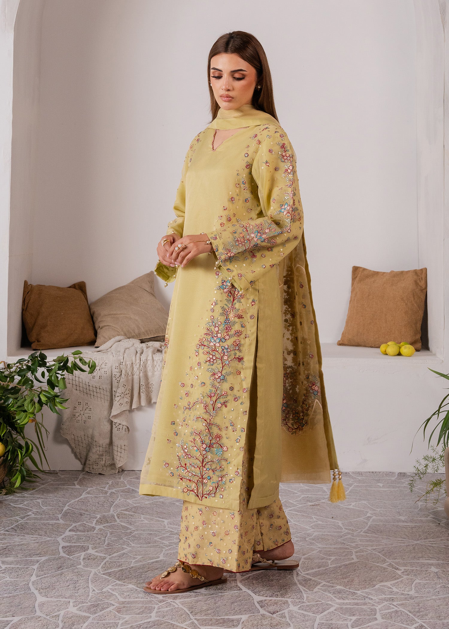 organza Kurta Set in Yellow green