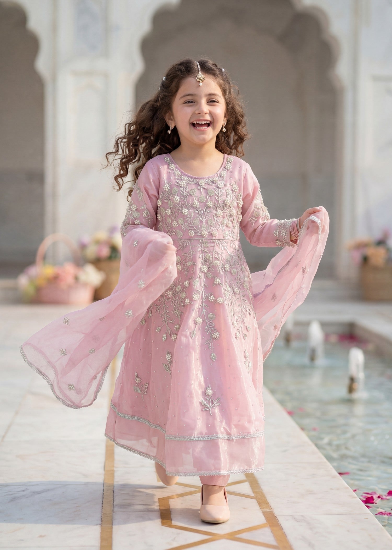 tissue silk Pishwas in Pastel pink