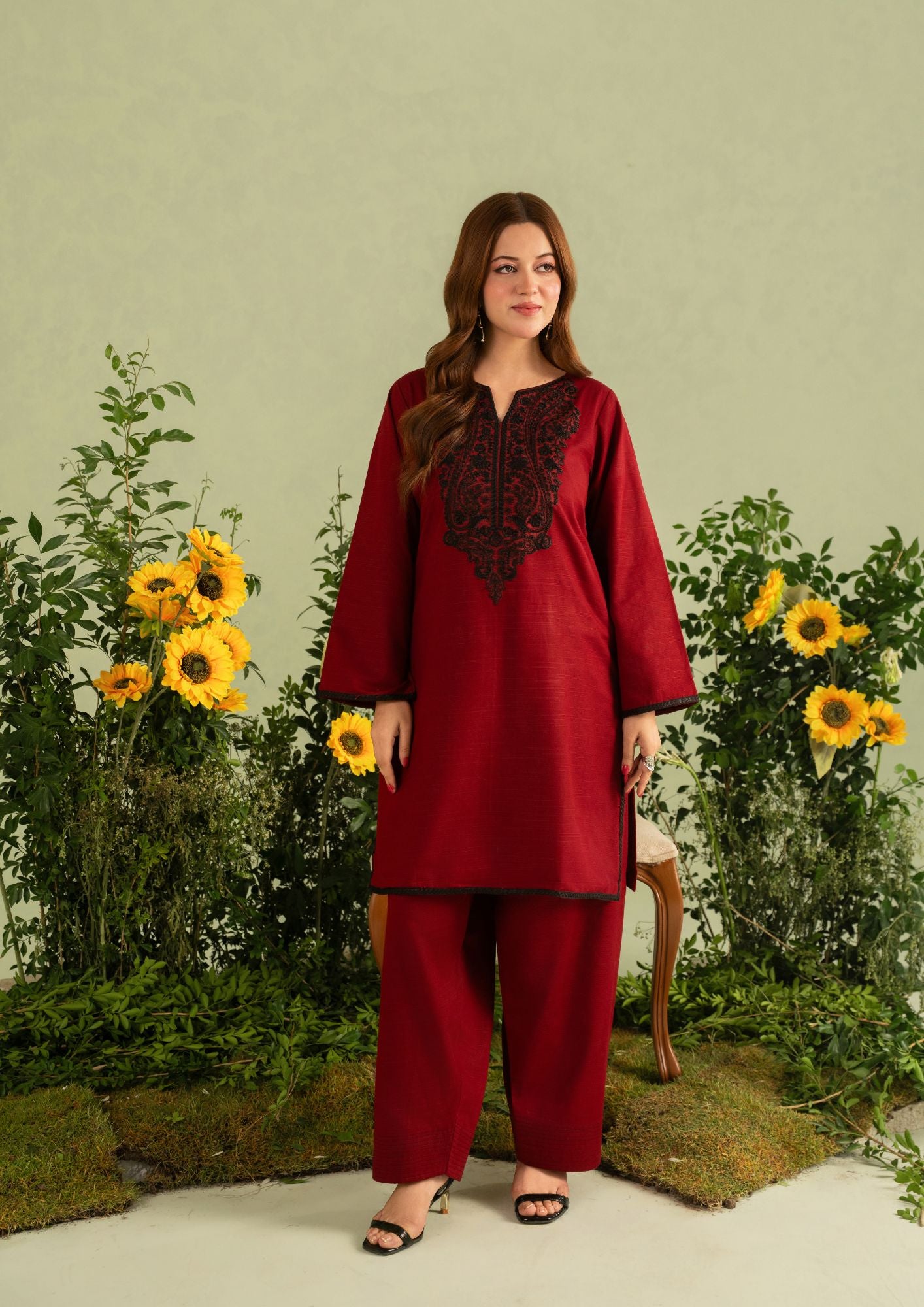 slub khaddar Kurta Set in Maroon