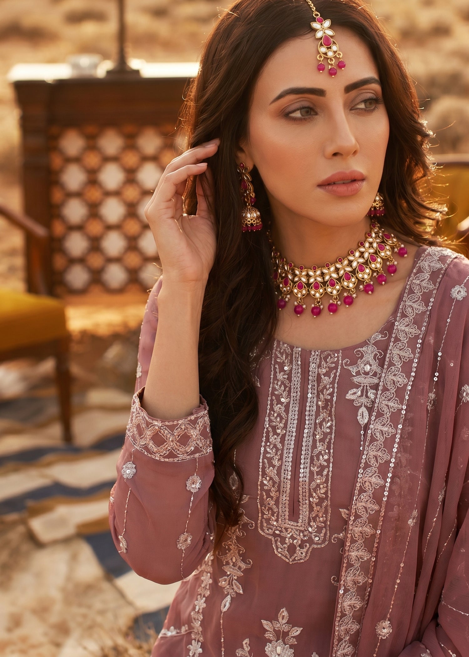 chiffon Kurta Set in Strawberry pink