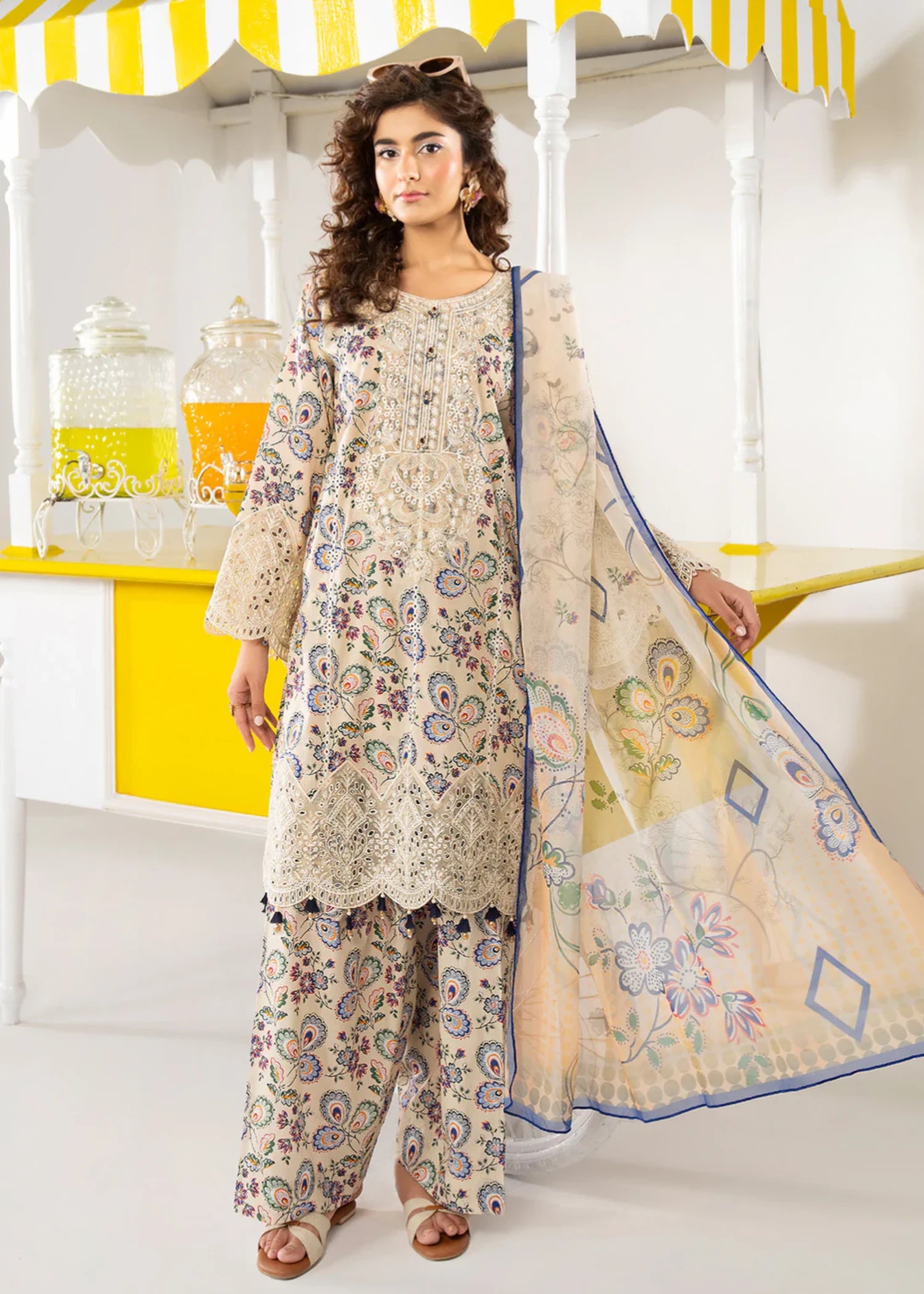 lawn cotton Kurta Set in Beige, multi