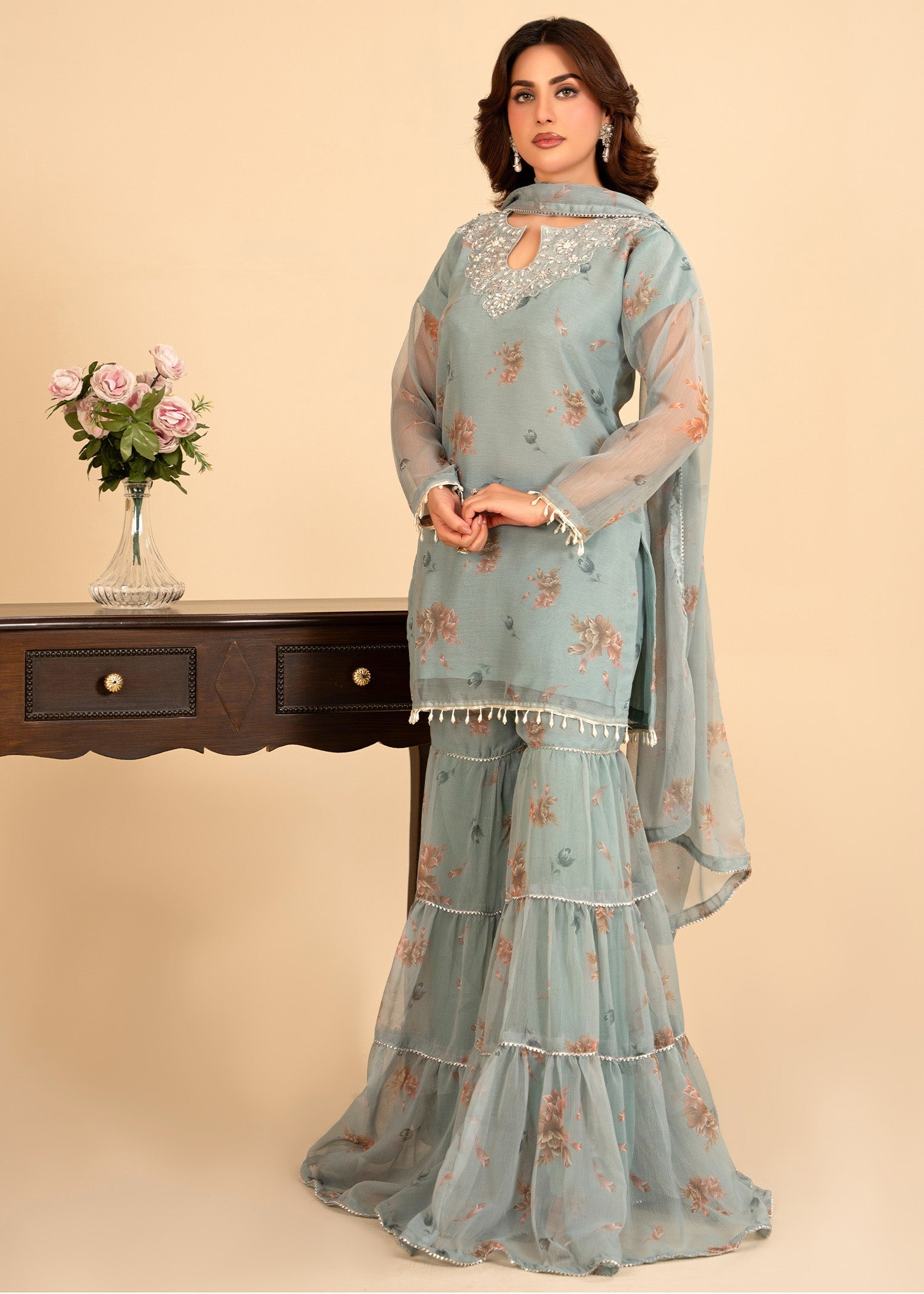 bemberg crinkle chiffon Gharara in Ice blue