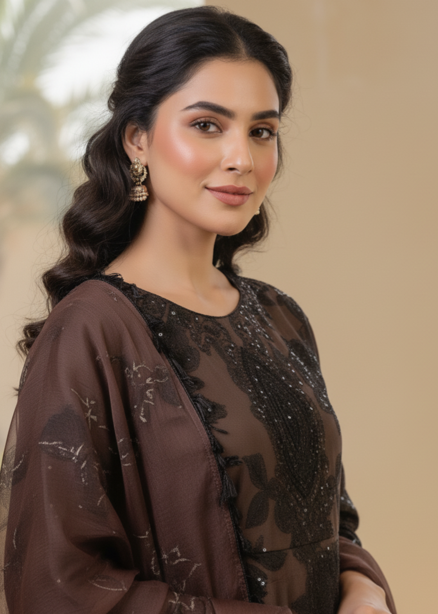 organza silk Short Frock in Dark brown