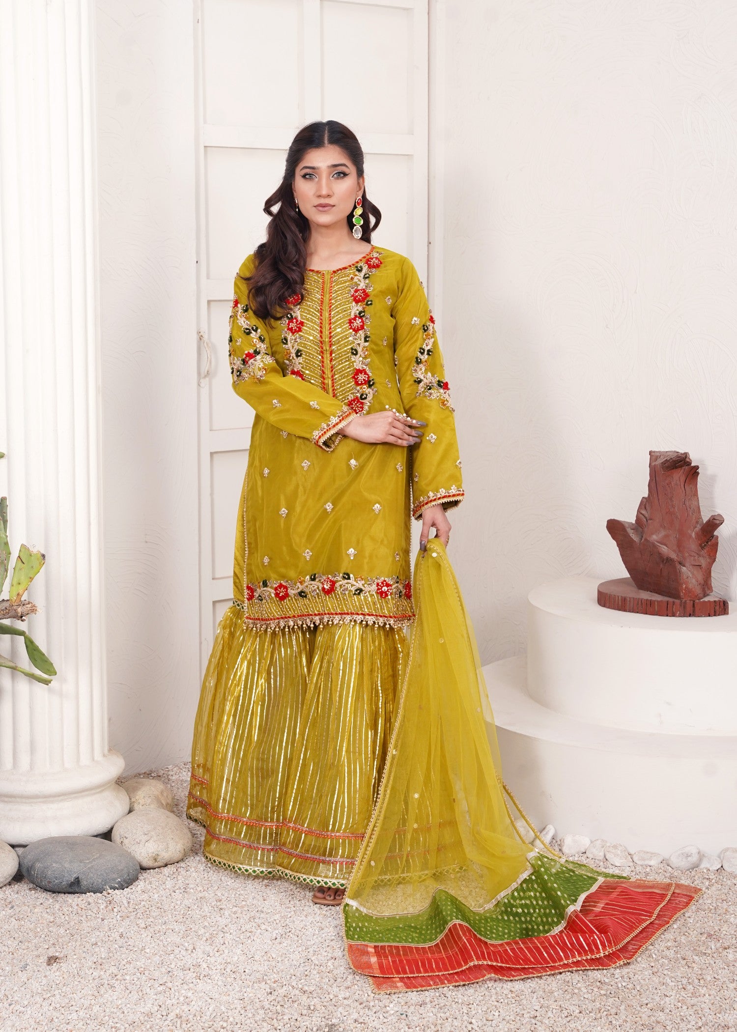 organza Gharara in Olive green