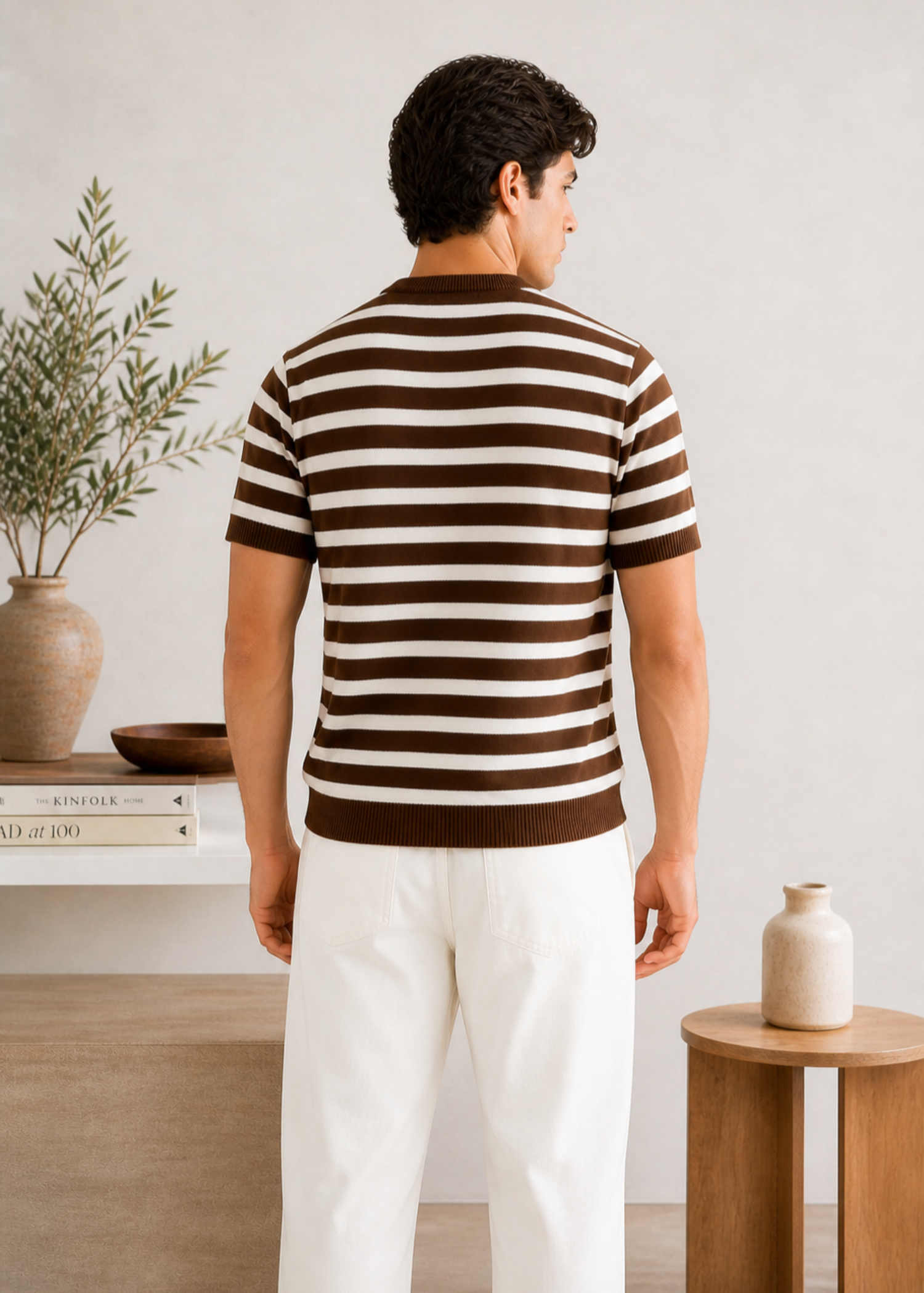cotton T Shirt in White, mocha brown