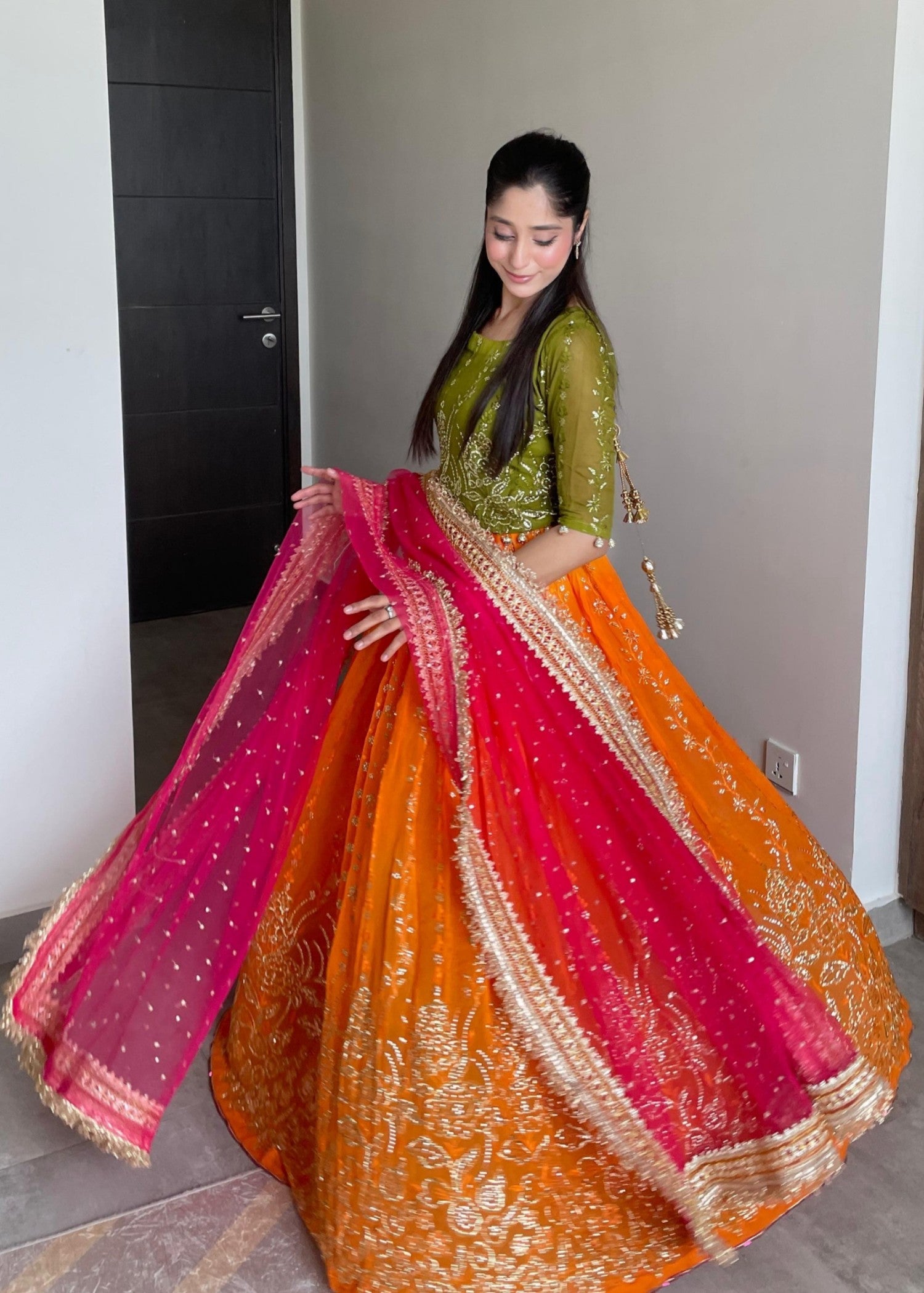 bemberg crinkle chiffon Lehenga in Hot pink, olive green, orange