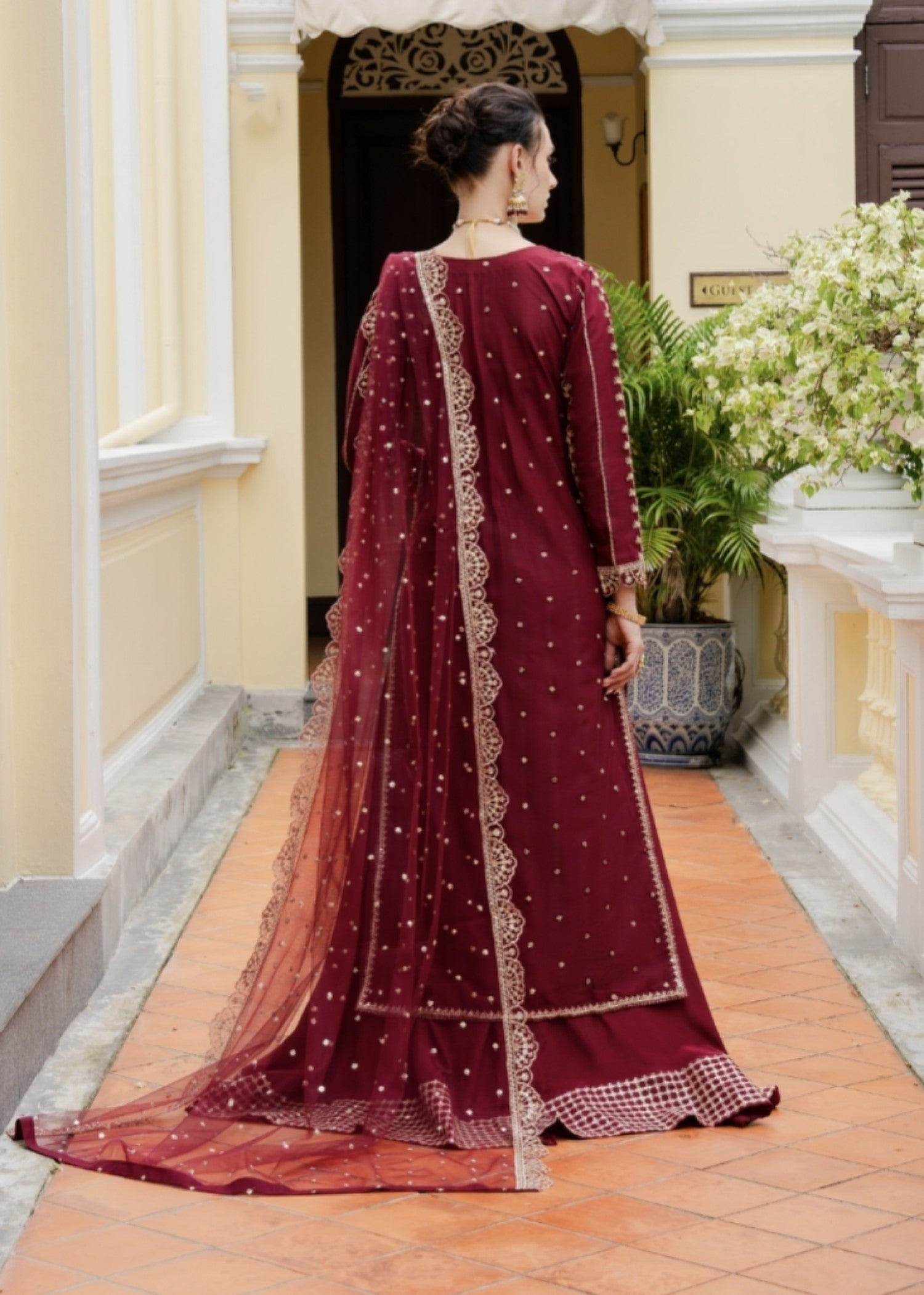 net Lehenga in Maroon