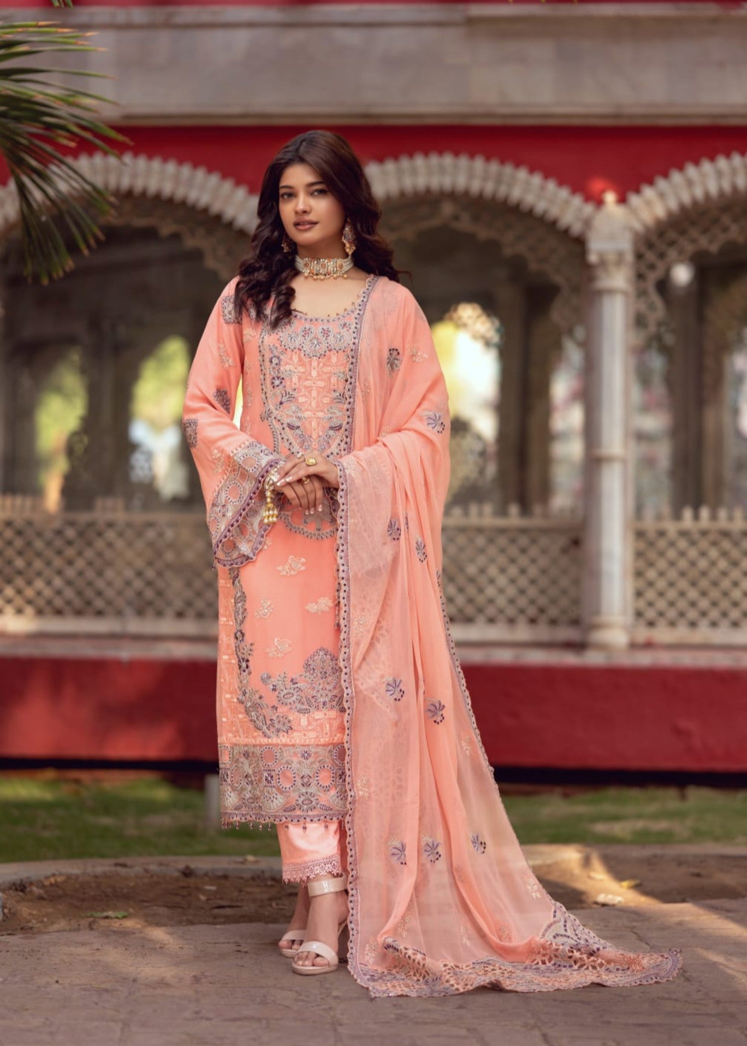 chiffon Kurta Set in Peach pink