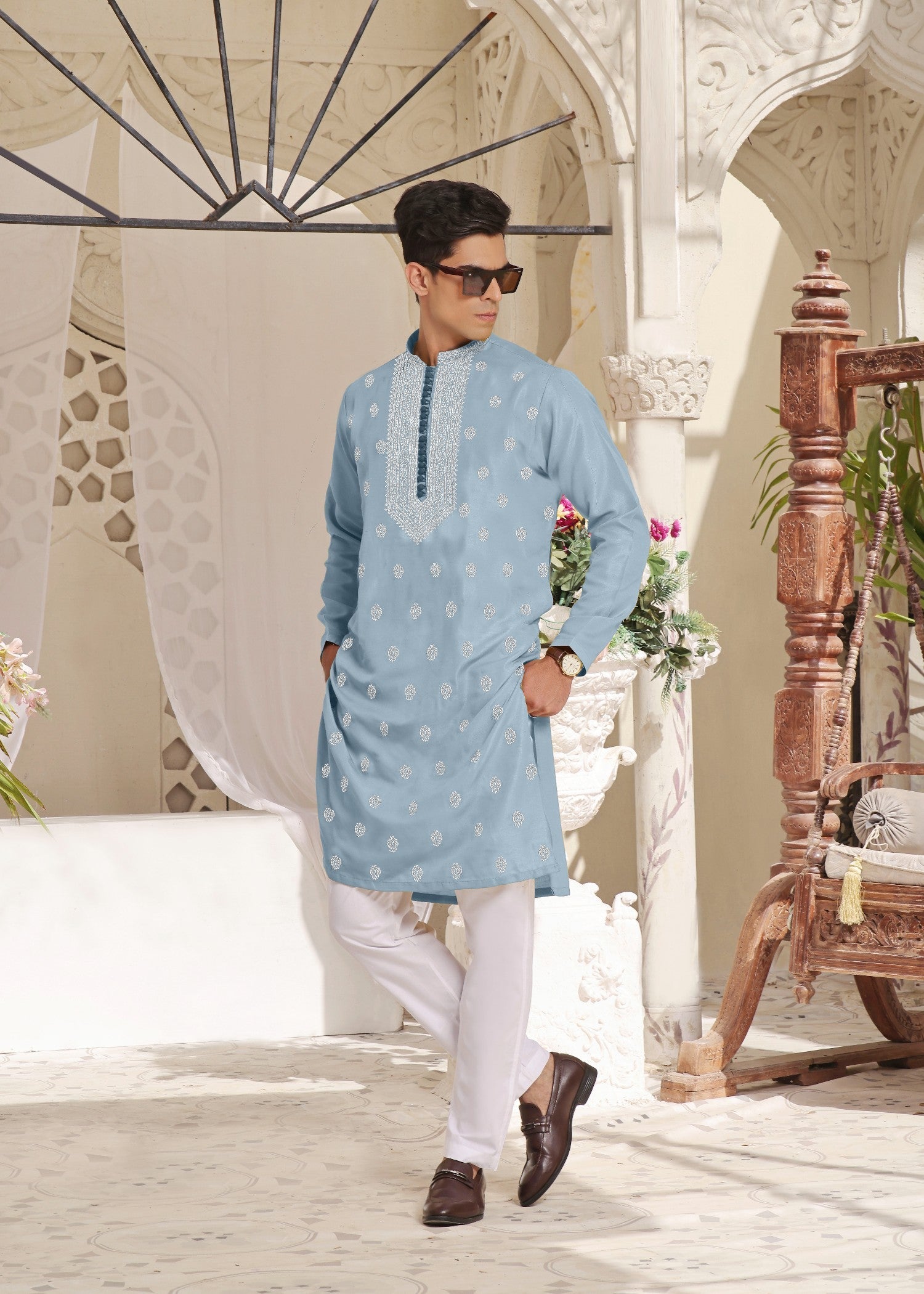 raw silk Kurta Set in Sky