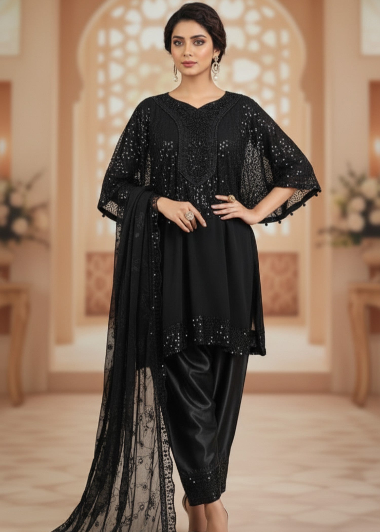 silk Short Frock in Black