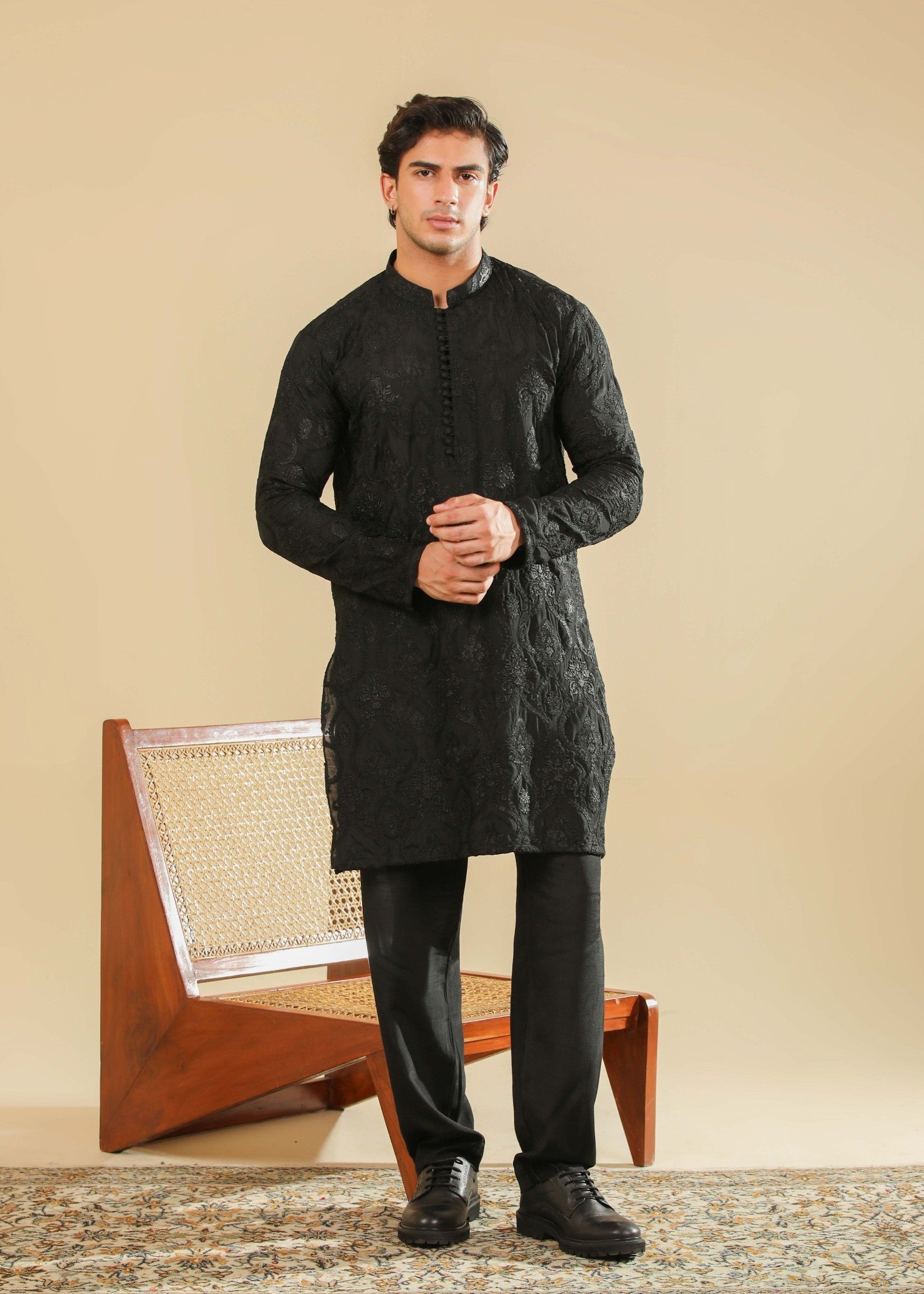 raw silk Kurta Set in Black by Muraqsh