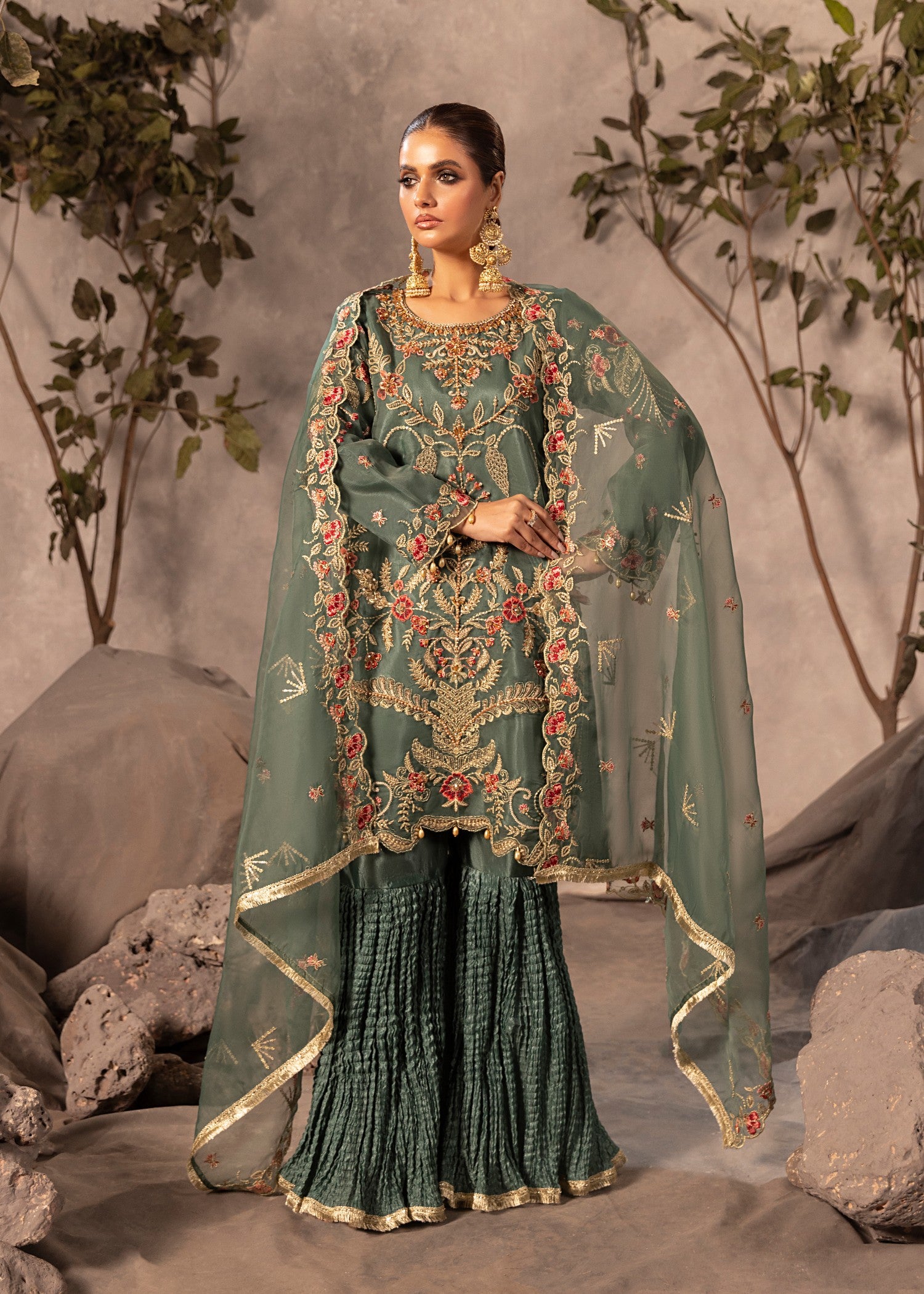 organza Gharara in Green