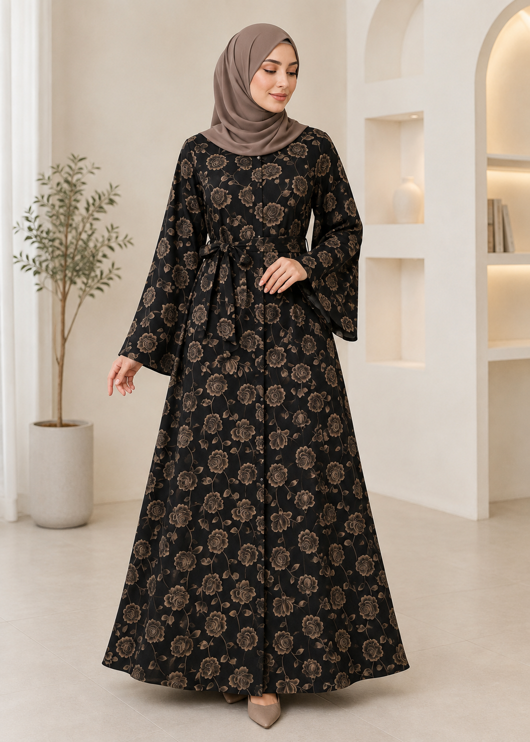 nidha Abaya in Black, tan brown