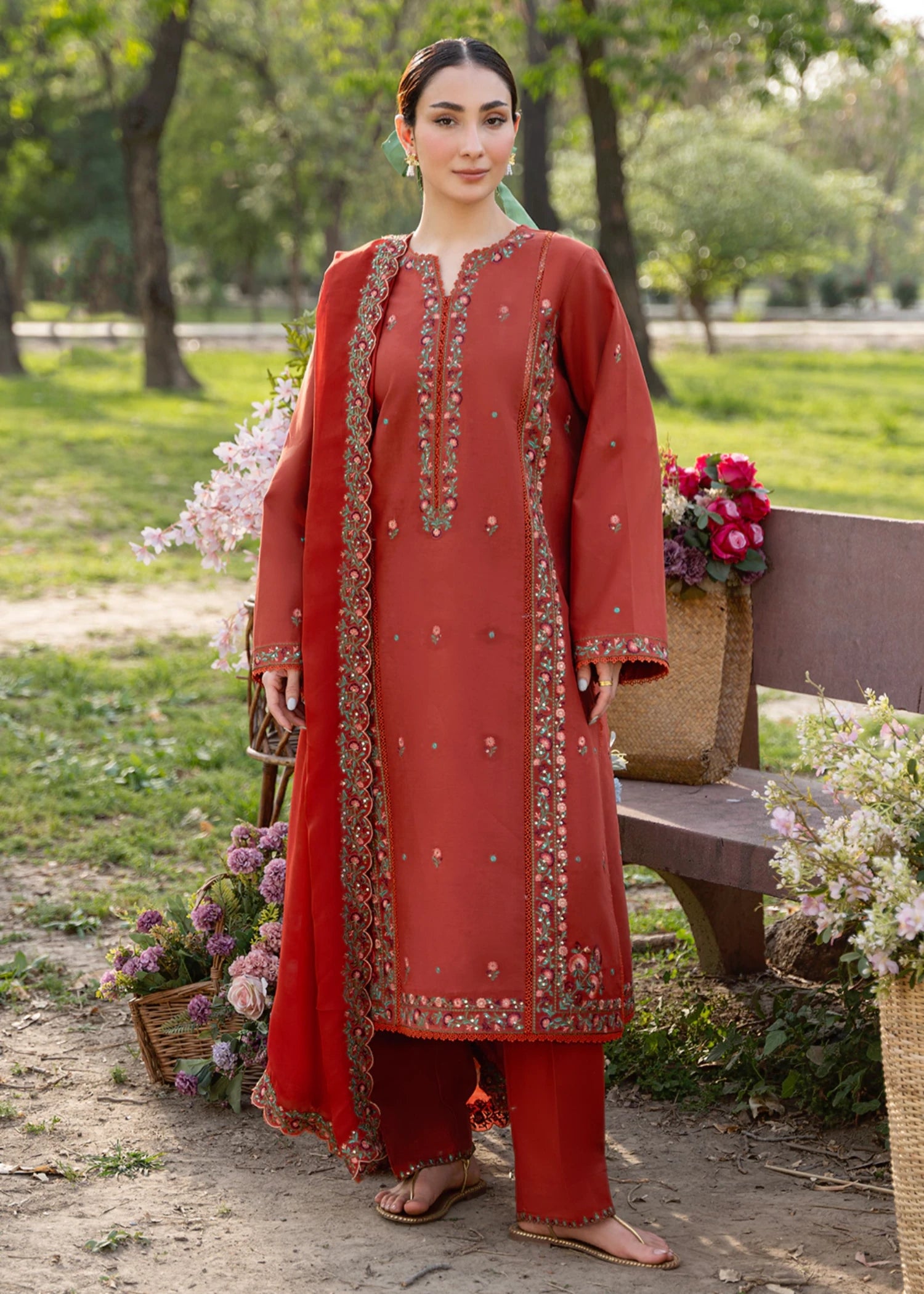 cotton Kurta Set in Brick red