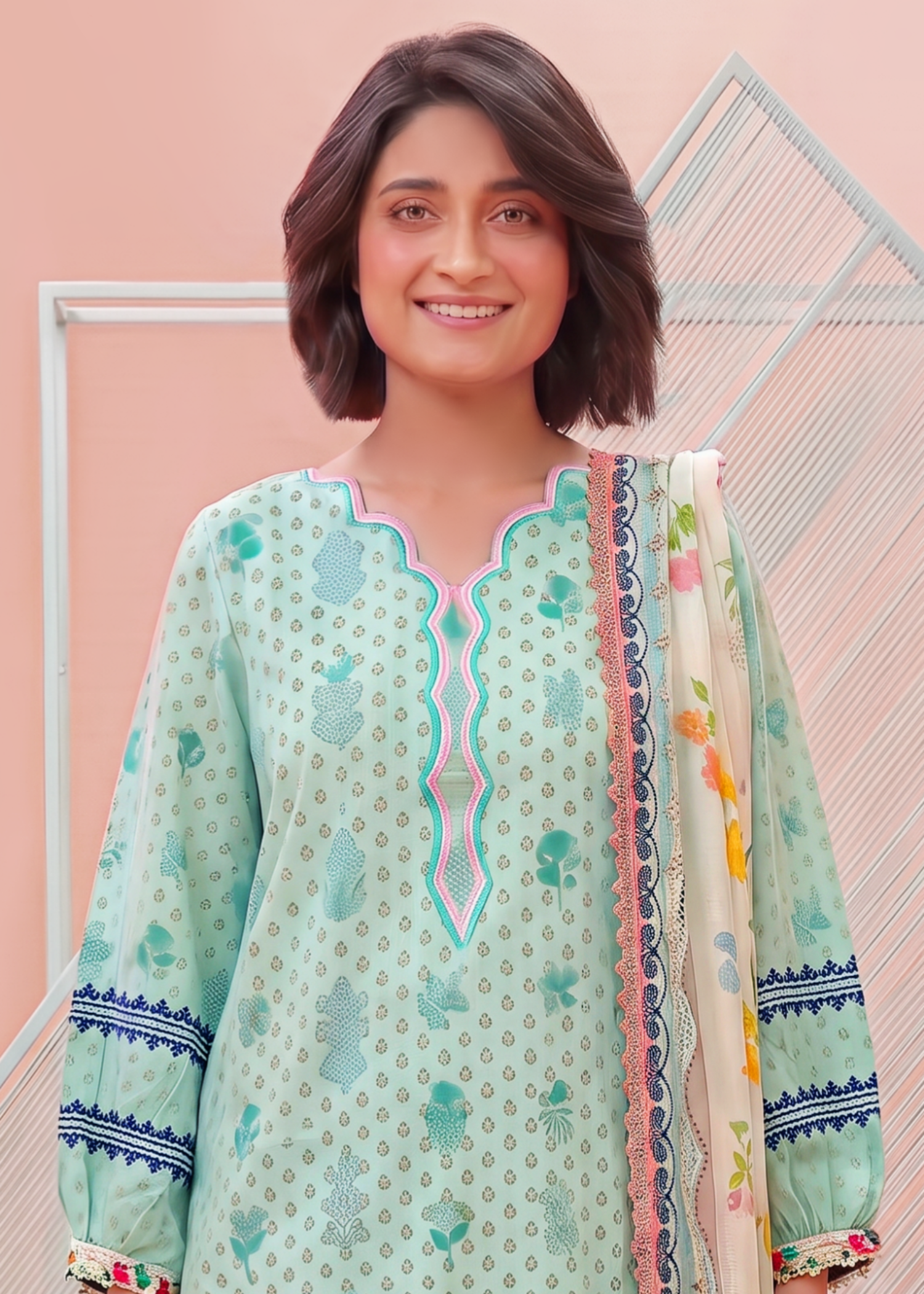 lawn Unstitched in Mint green, turquoise