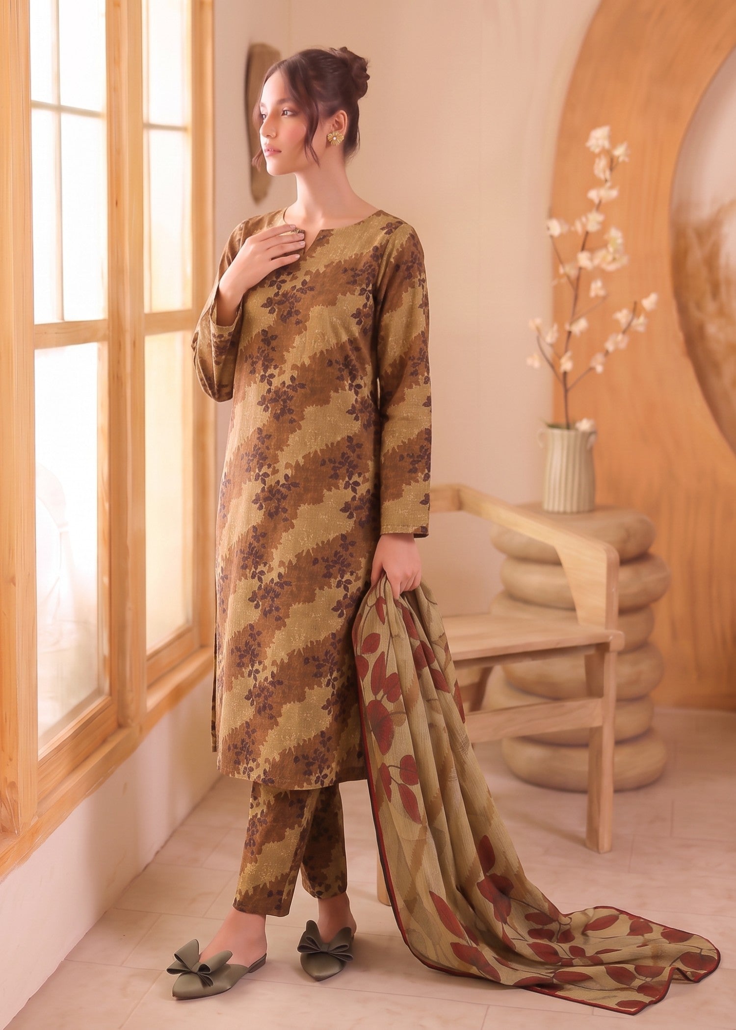lawn Unstitched in Camel brown, chocolate brown