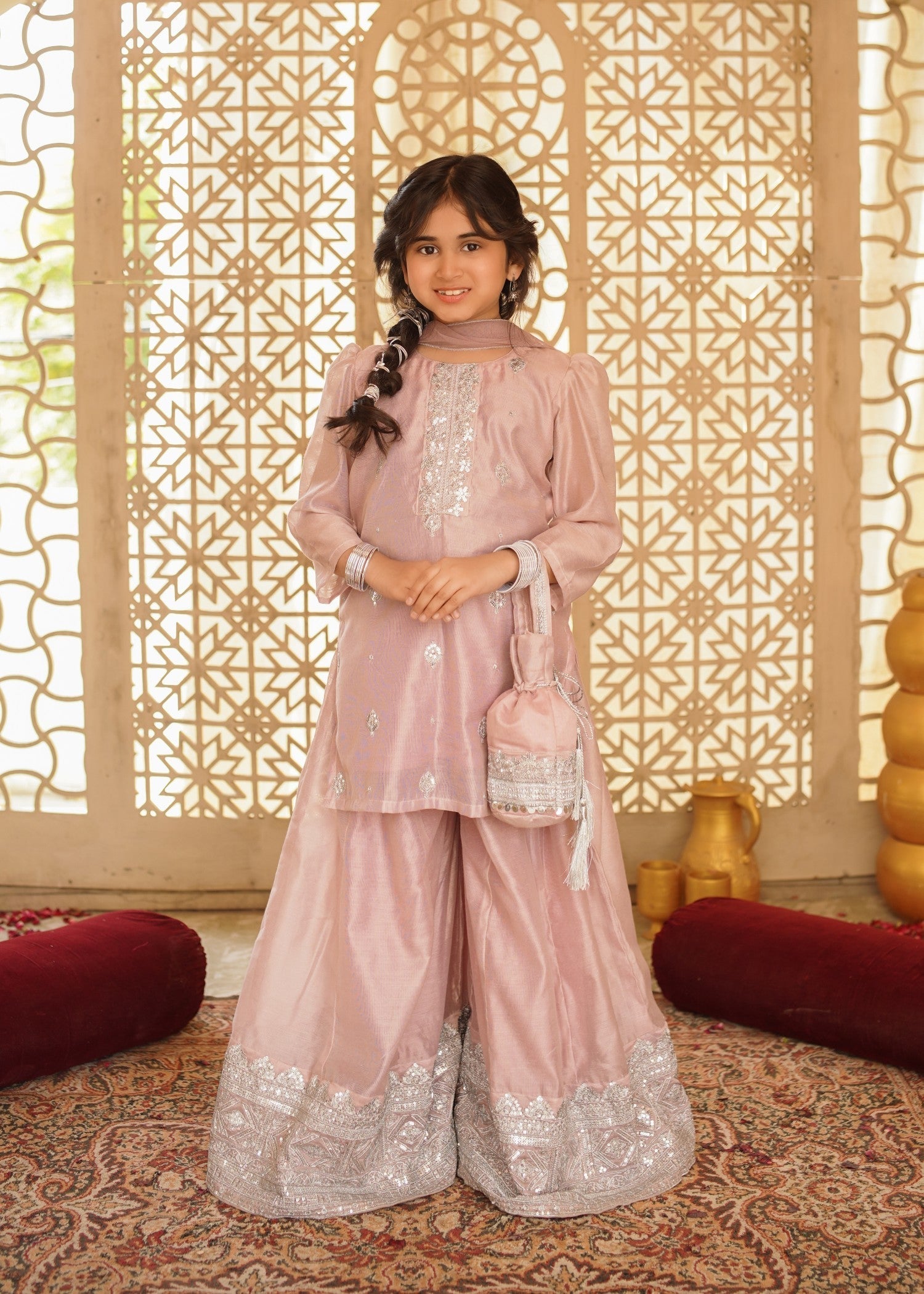 cotton net Sharara in Tea rose pink