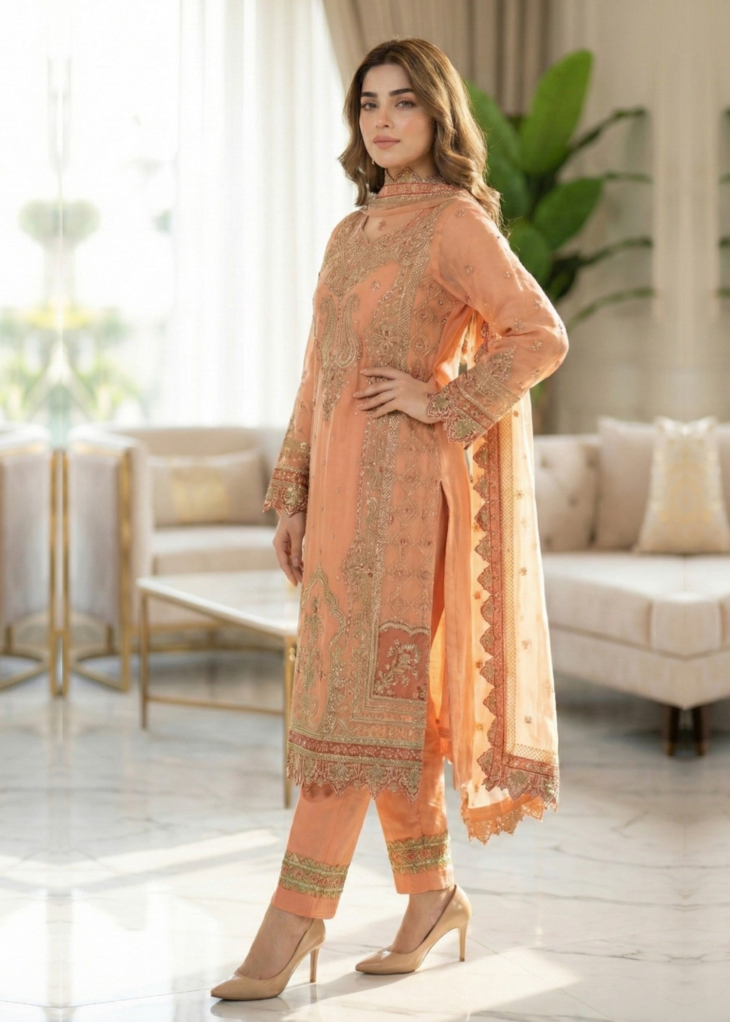 organza Kurta Set in Coral orange