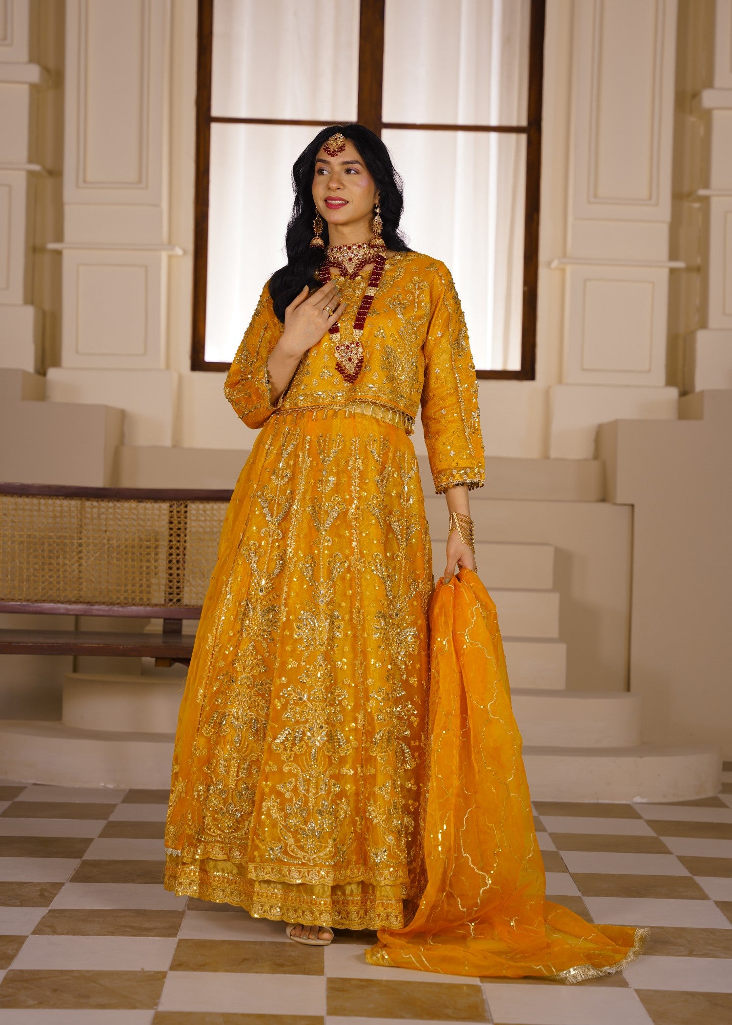 organza Lehenga in Marigold