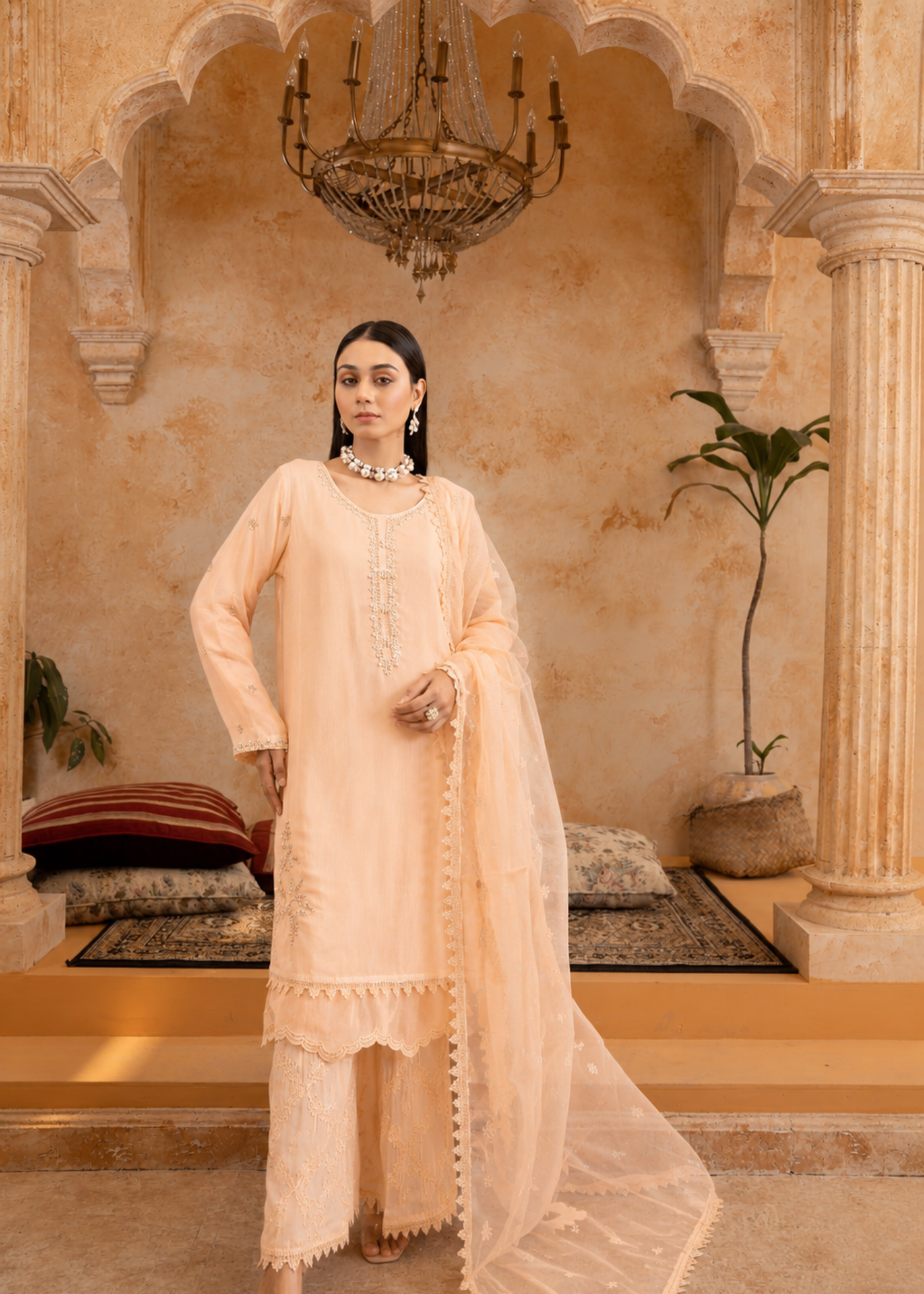 raw silk Kurta Set in Peach orange