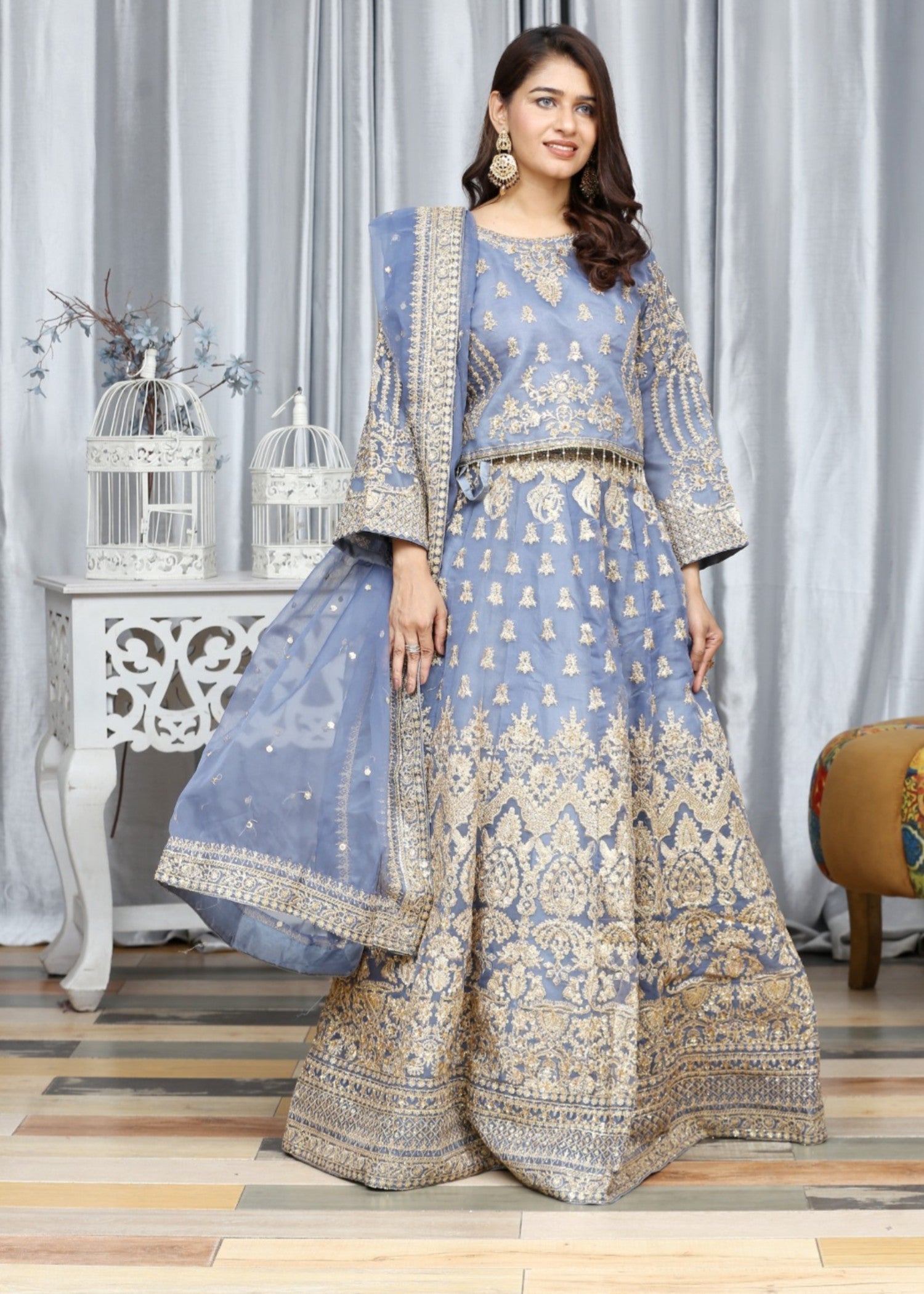 organza Lehenga in Duck egg grey