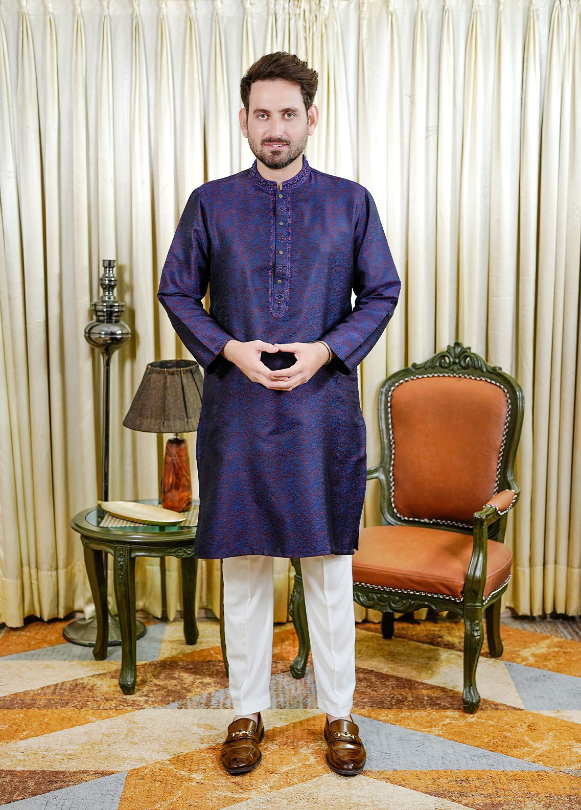 traditional jamawar Kurta in Blue by Real Image Clothing
