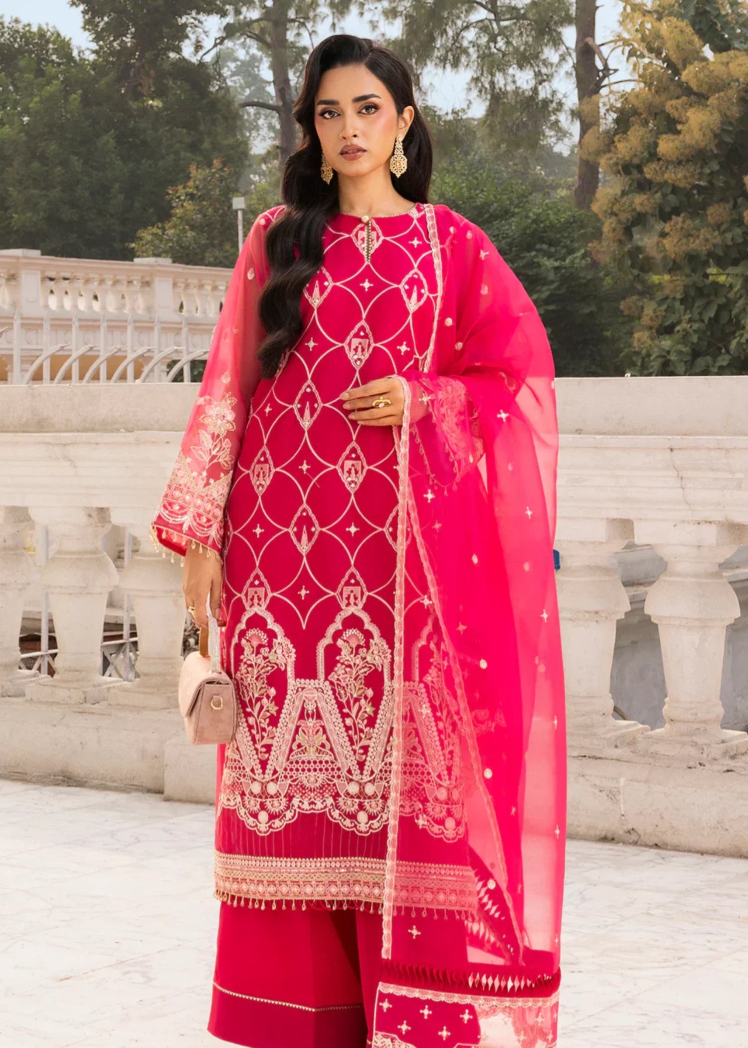 organza Unstitched in Shocking pink