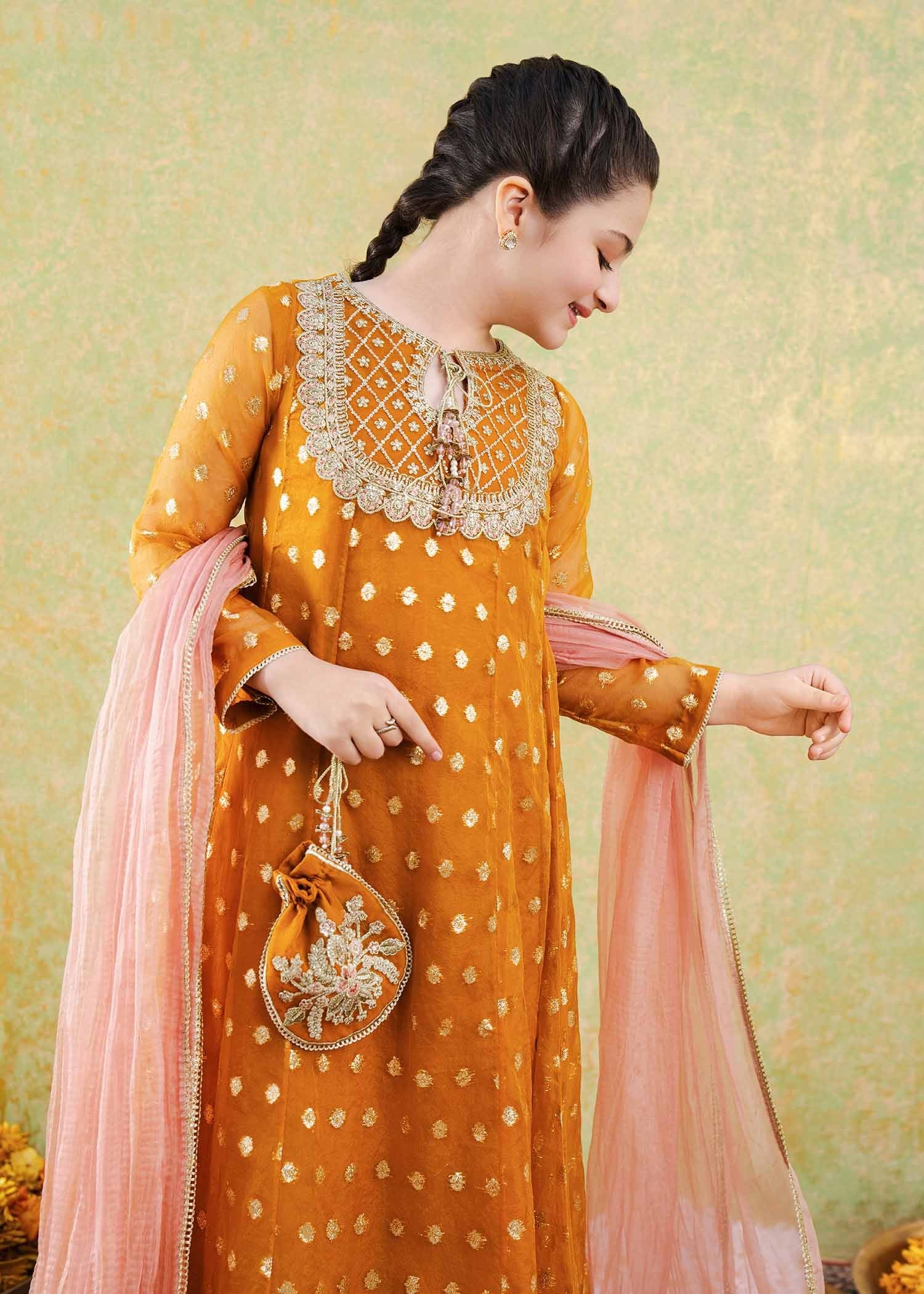 zari organza Pishwas in Mustard
