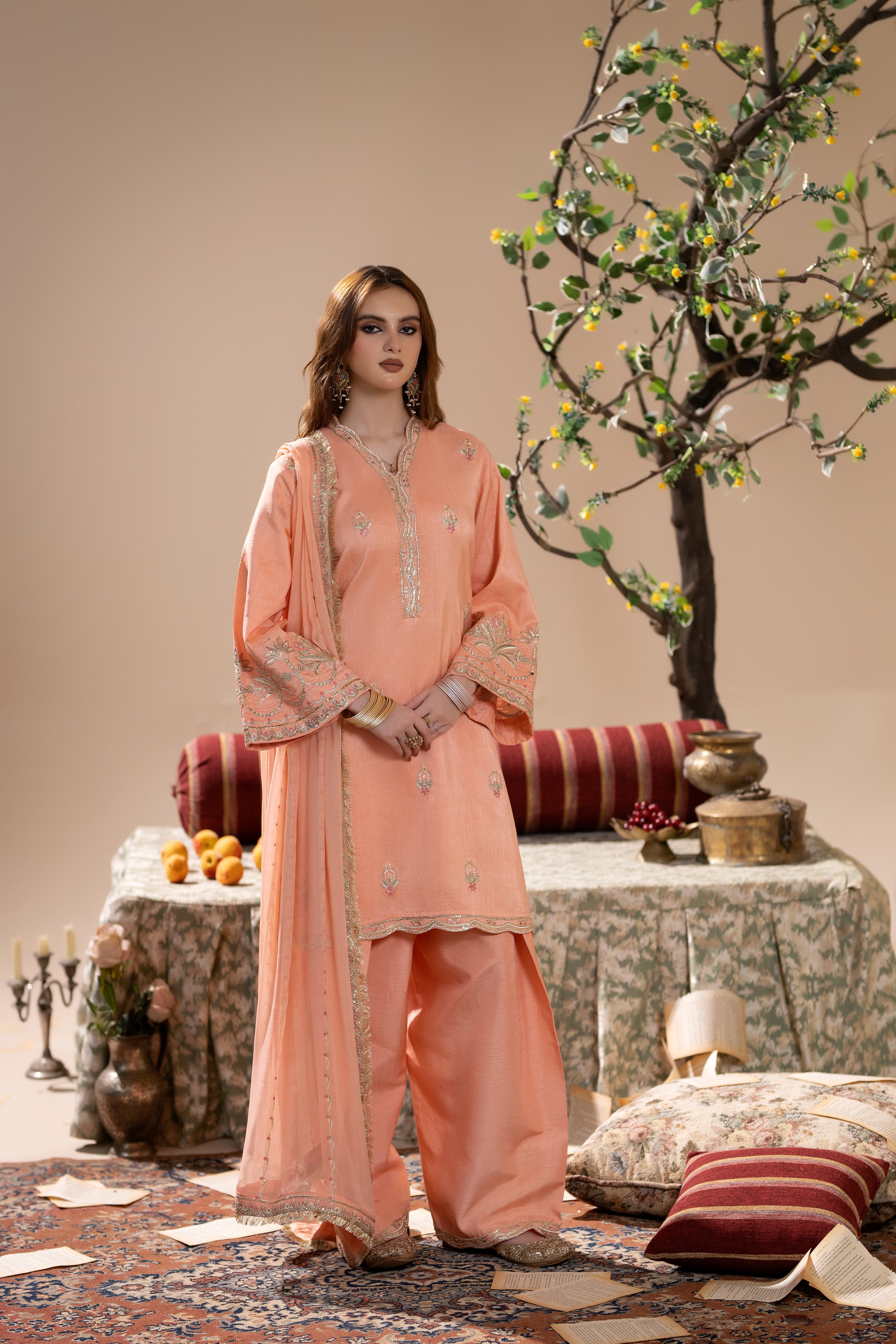 korean raw silk Kurta Set in Apricot orange